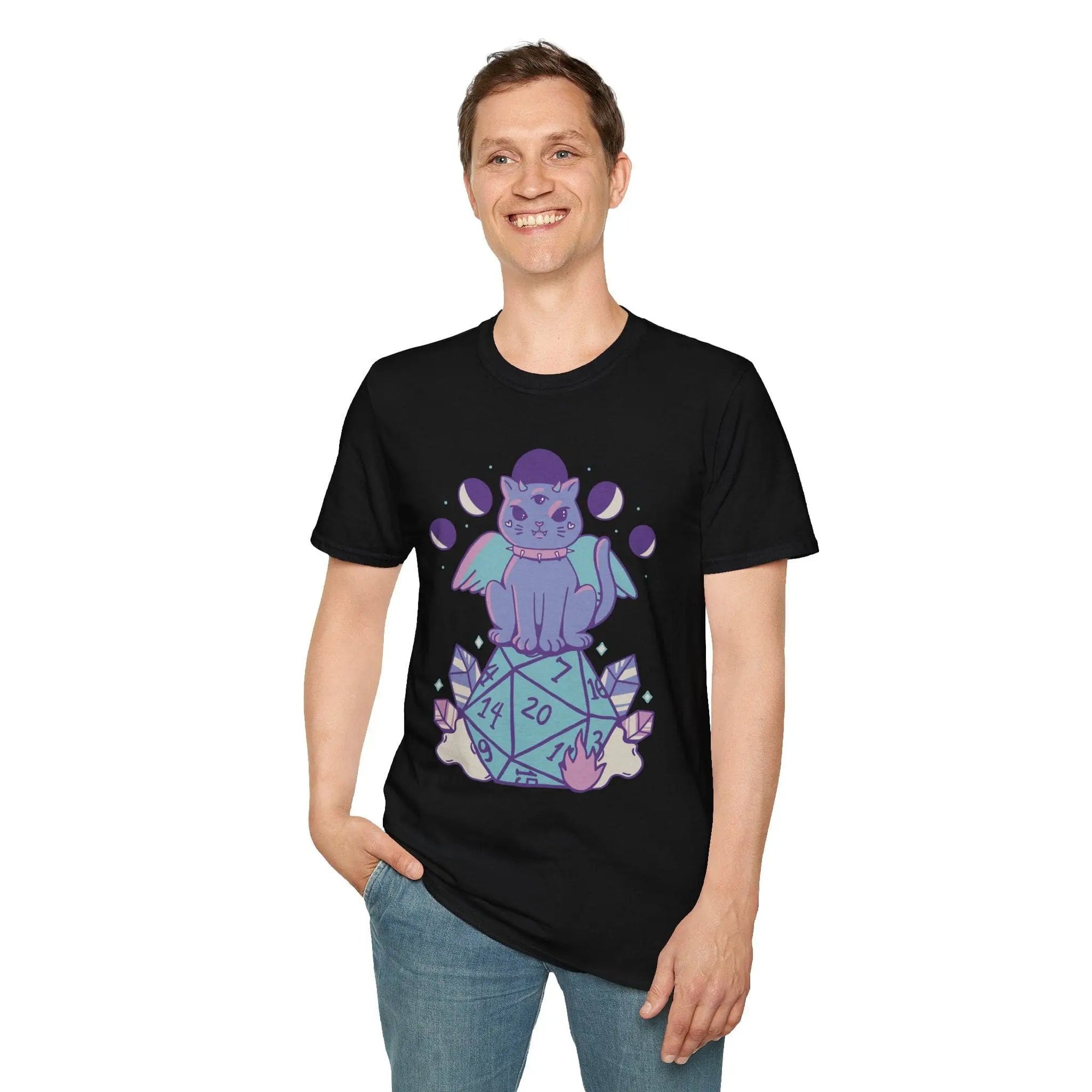 Sunburst RPG D&D T-shirt featuring a cute cat with a D20 die, casual fit and playful fantasy design.