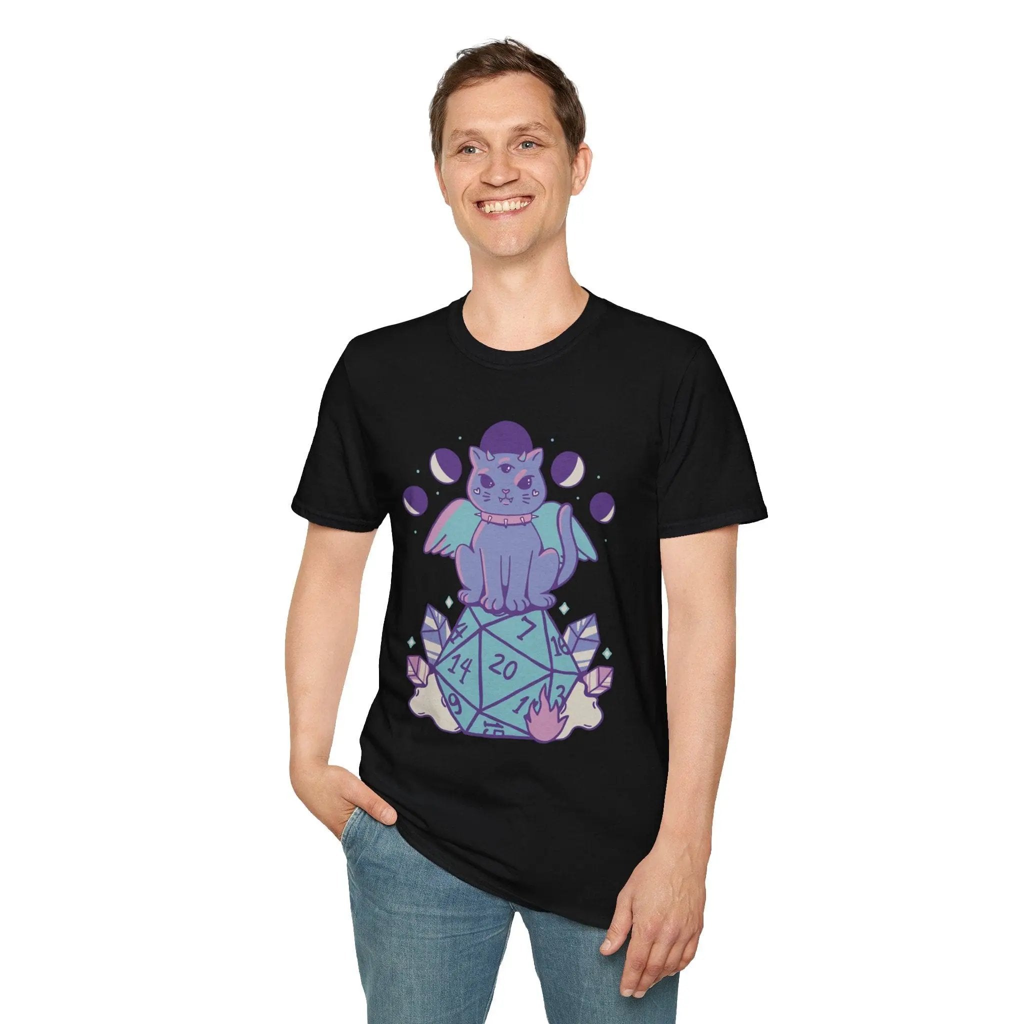 Sunburst RPG D&D T-shirt featuring a cute cat with a D20 die, casual fit and playful fantasy design.