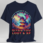 Navy D&D Dragon T-Shirt by Sunburst RPG featuring humorous loot and XP quote, casual fit, and dragon graphic design.