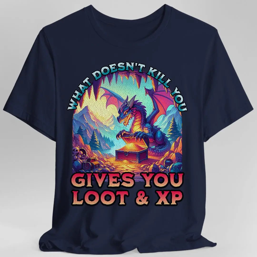 Navy D&D Dragon T-Shirt by Sunburst RPG featuring humorous loot and XP quote, casual fit, and dragon graphic design.