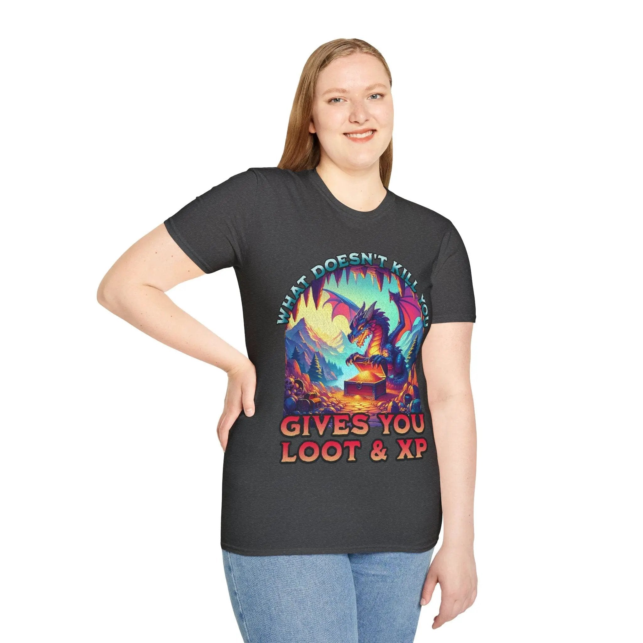 Sunburst RPG D&D dragon T-shirt featuring a bold graphic with the phrase "What Doesn't Kill You Gives You Loot & XP" on a black fabric.