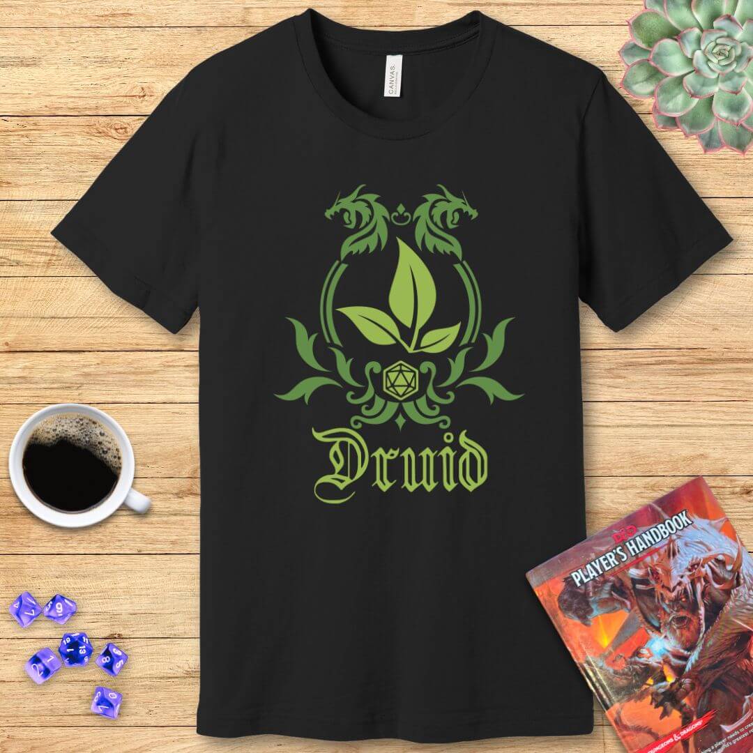 Sunburst RPG D&D Druid Class emblem T-shirt showcasing a green druids emblem on a comfortable cotton shirt.