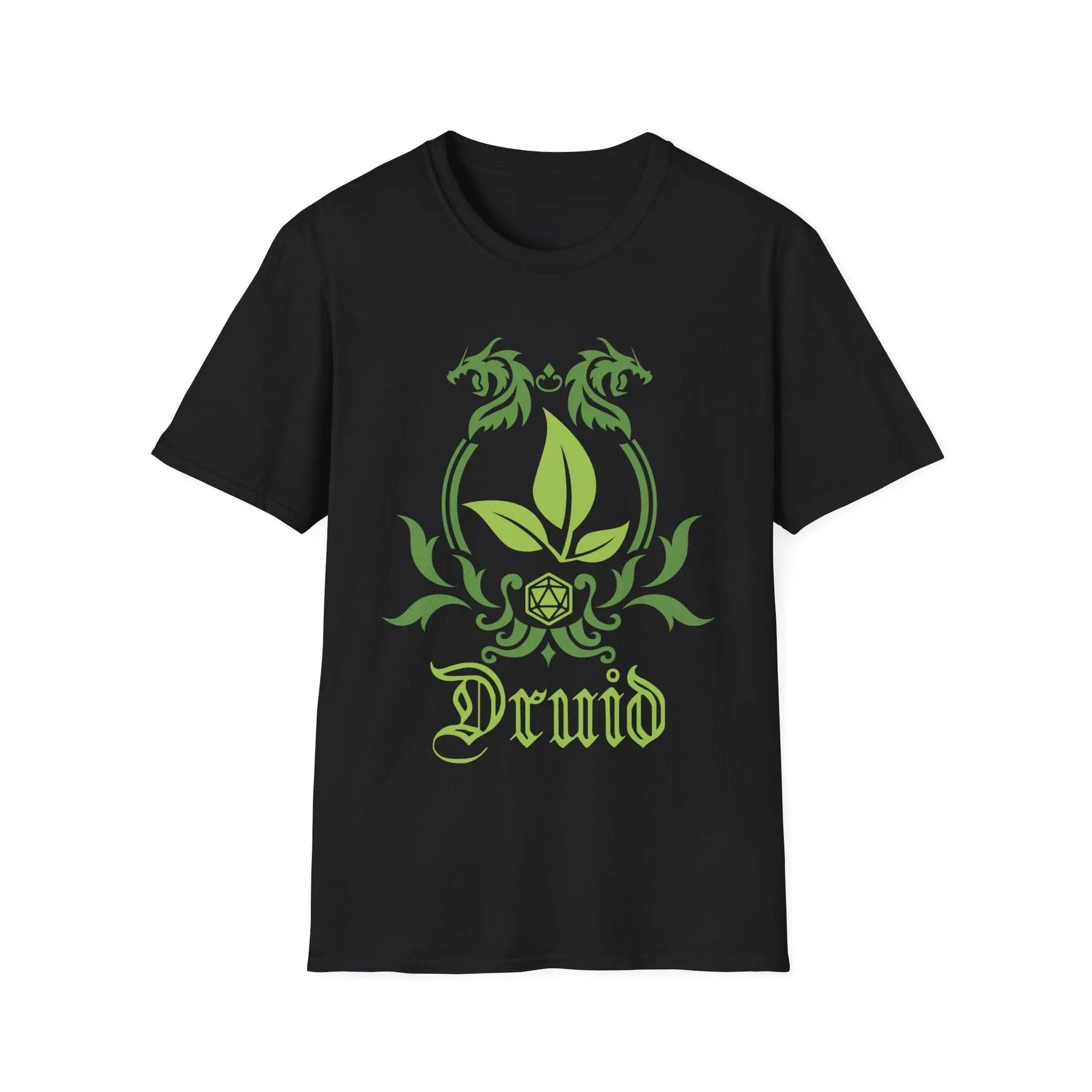Black D&D Druid Class Emblem T-Shirt by Sunburst RPG featuring a detailed green druid icon on the front.