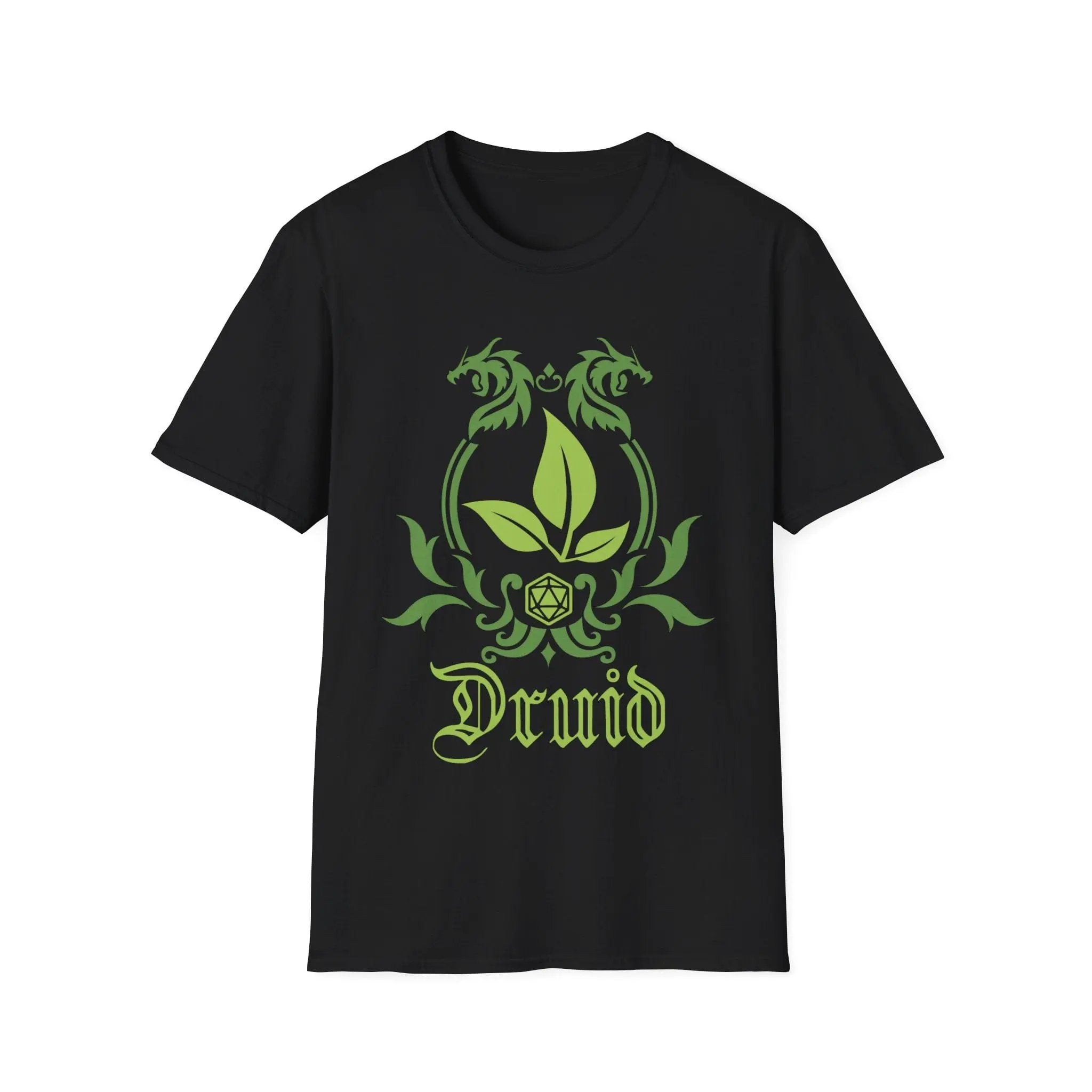 Black D&D Druid Class Emblem T-Shirt by Sunburst RPG featuring a detailed green druid icon on the front.