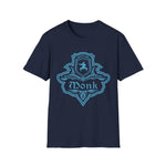 Navy D&D Monk Class emblem T-shirt by Sunburst RPG featuring a detailed monk symbol on the front.
