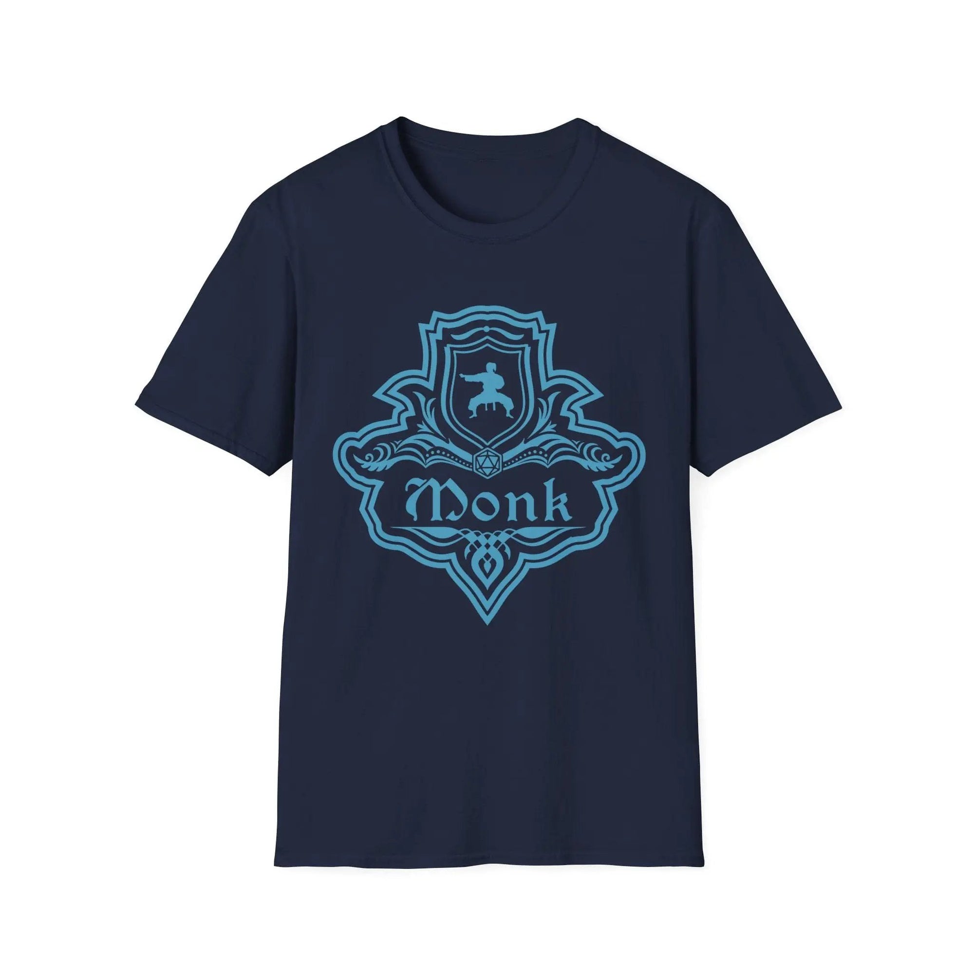 Navy D&D Monk Class emblem T-shirt by Sunburst RPG featuring a detailed monk symbol on the front.