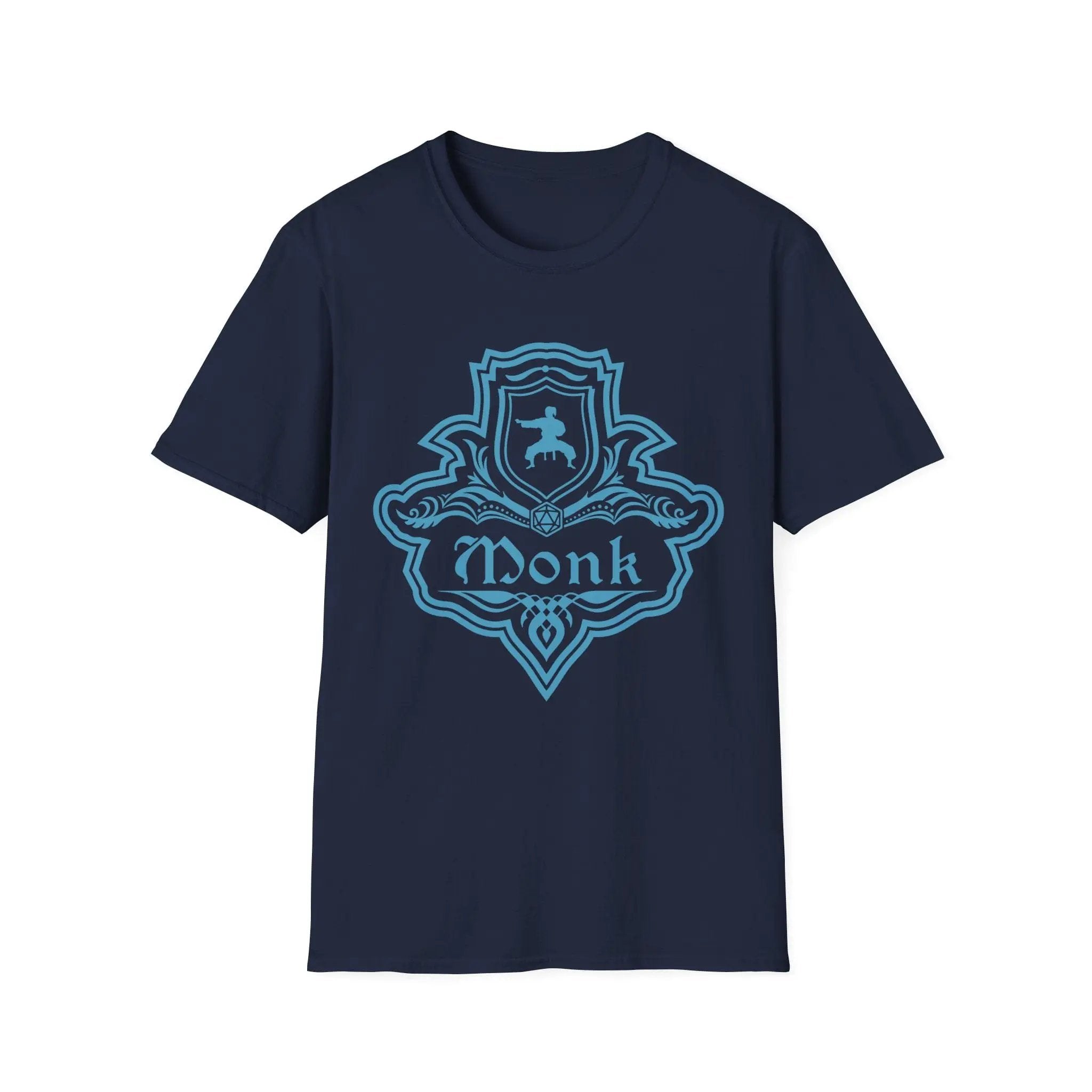 Navy D&D Monk Class emblem T-shirt by Sunburst RPG featuring a detailed monk symbol on the front.