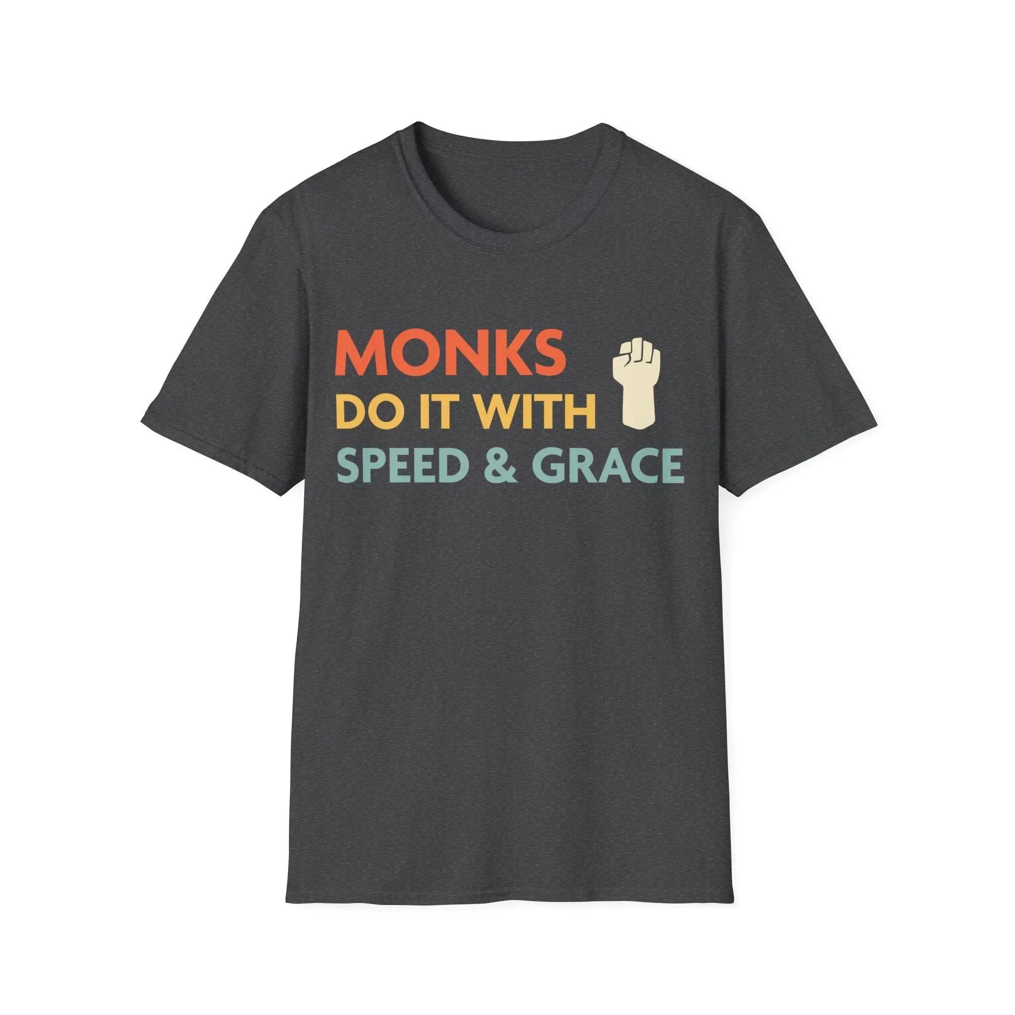 Dark heather D&D Monks T-shirt by Sunburst RPG featuring a design inspired by monks' speed and grace, casual fit, and comfortable fabric.