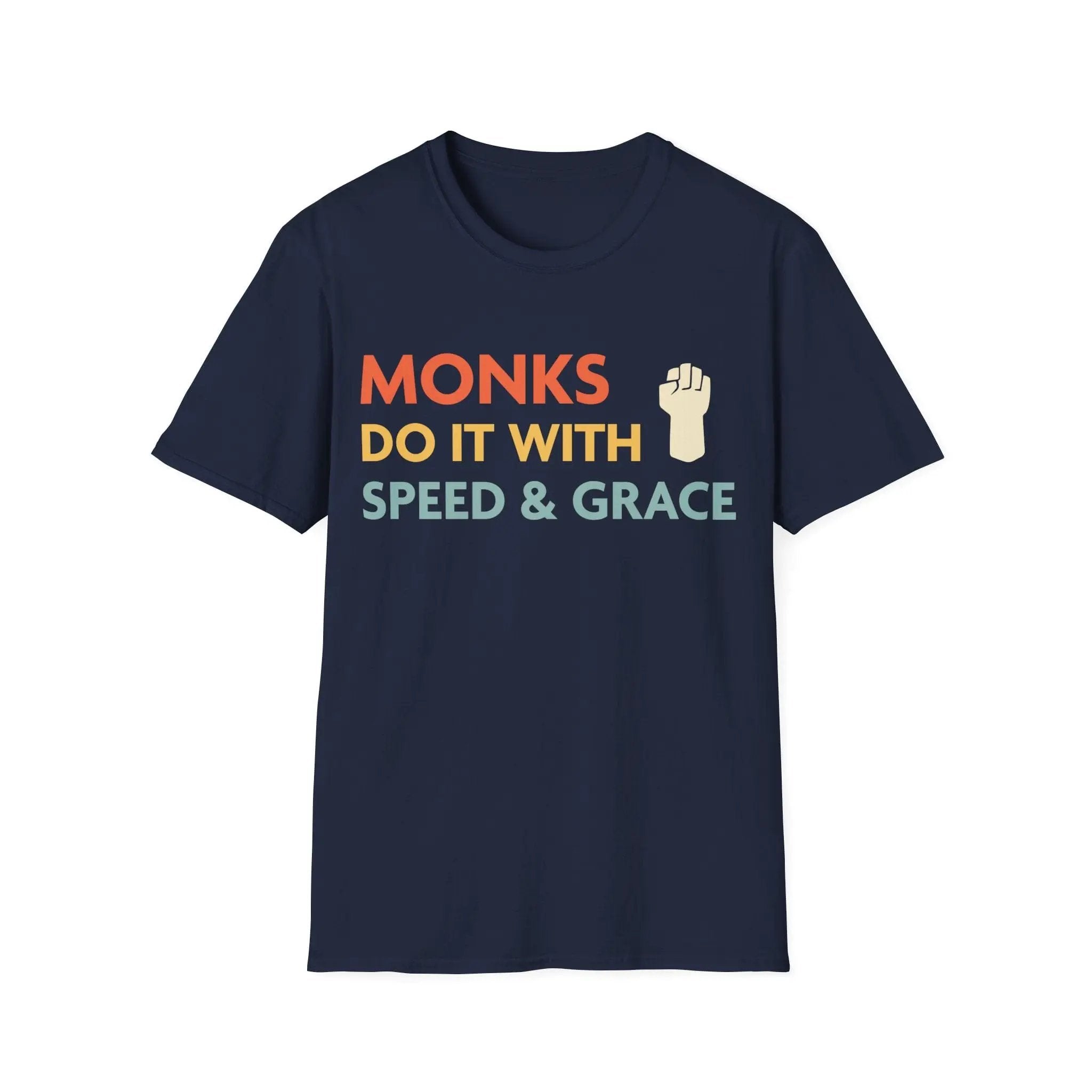 Navy D&D Monks Do It With Speed & Grace T-Shirt by Sunburst RPG featuring monk character graphic and stylish text design.