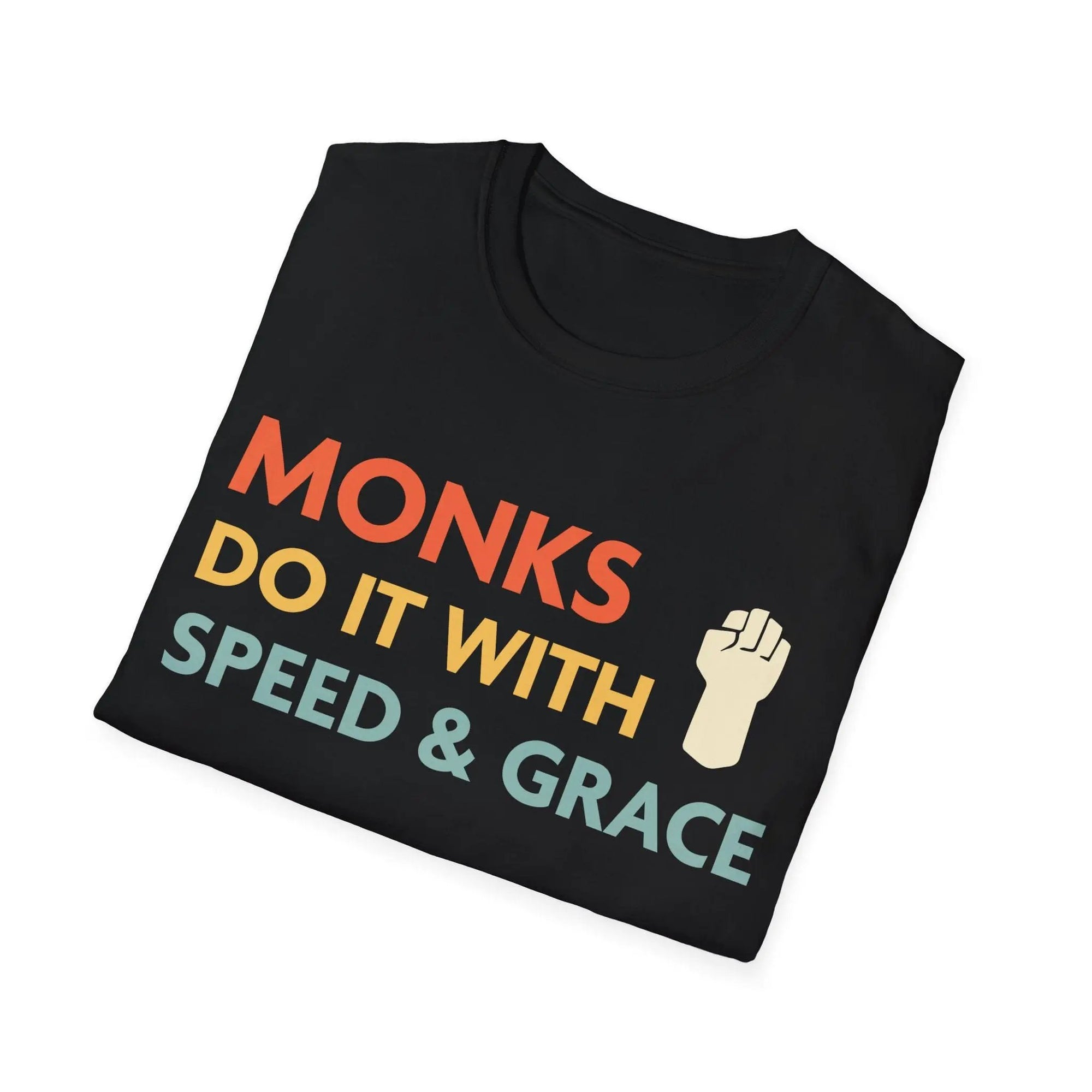 Sunburst RPG D&D Monks Do It With Speed & Grace T-Shirt featuring a stylish design with monk character in action, casual apparel.