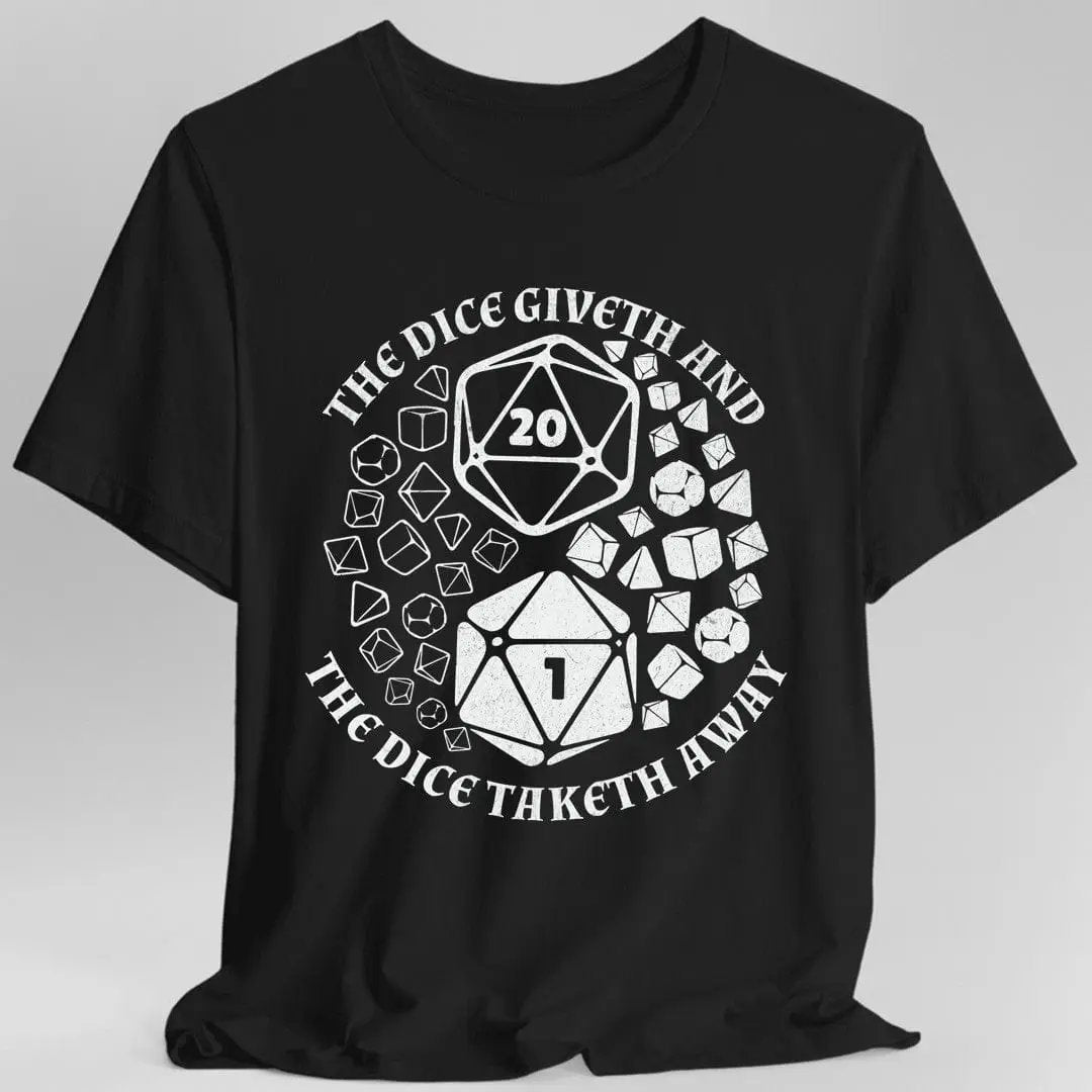 Black D&D T-shirt featuring a Yin Yang design with dice, from Sunburst RPG, displayed on a flat surface.