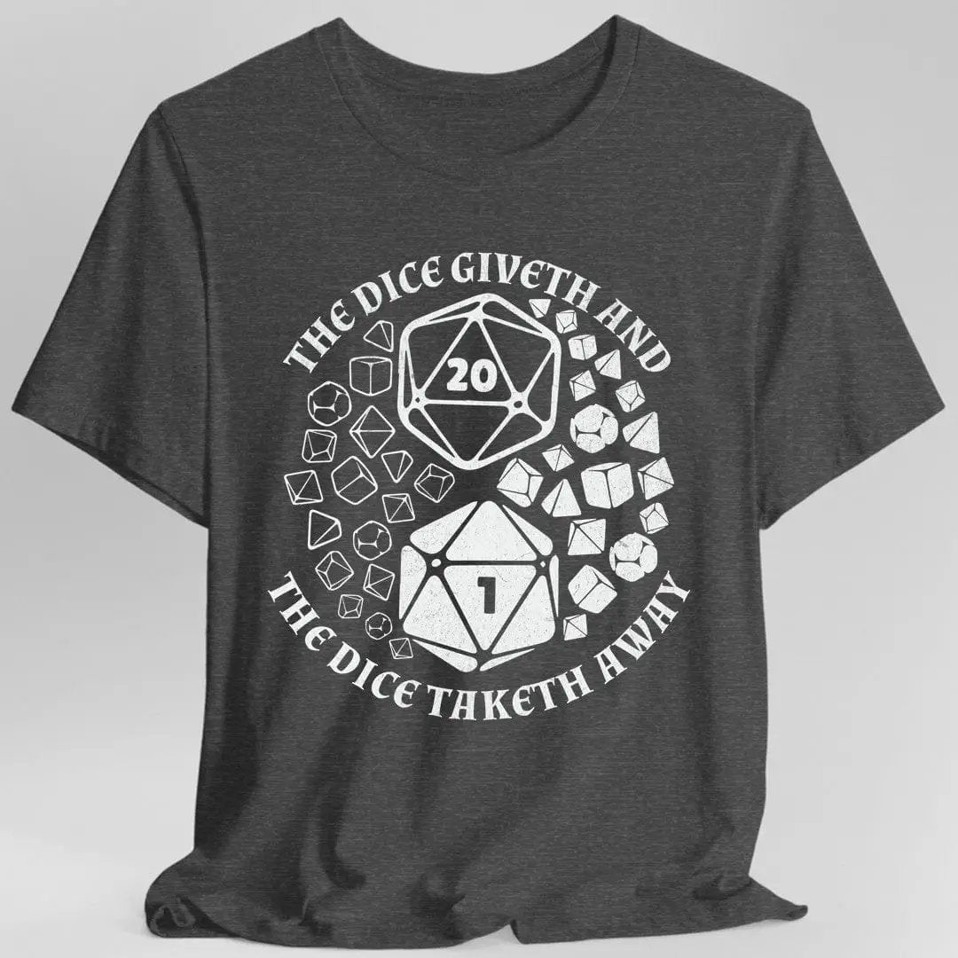 Dark heather D&D T-shirt by Sunburst RPG featuring a Yin Yang dice design, showcasing a stylish, fantasy-themed graphic.