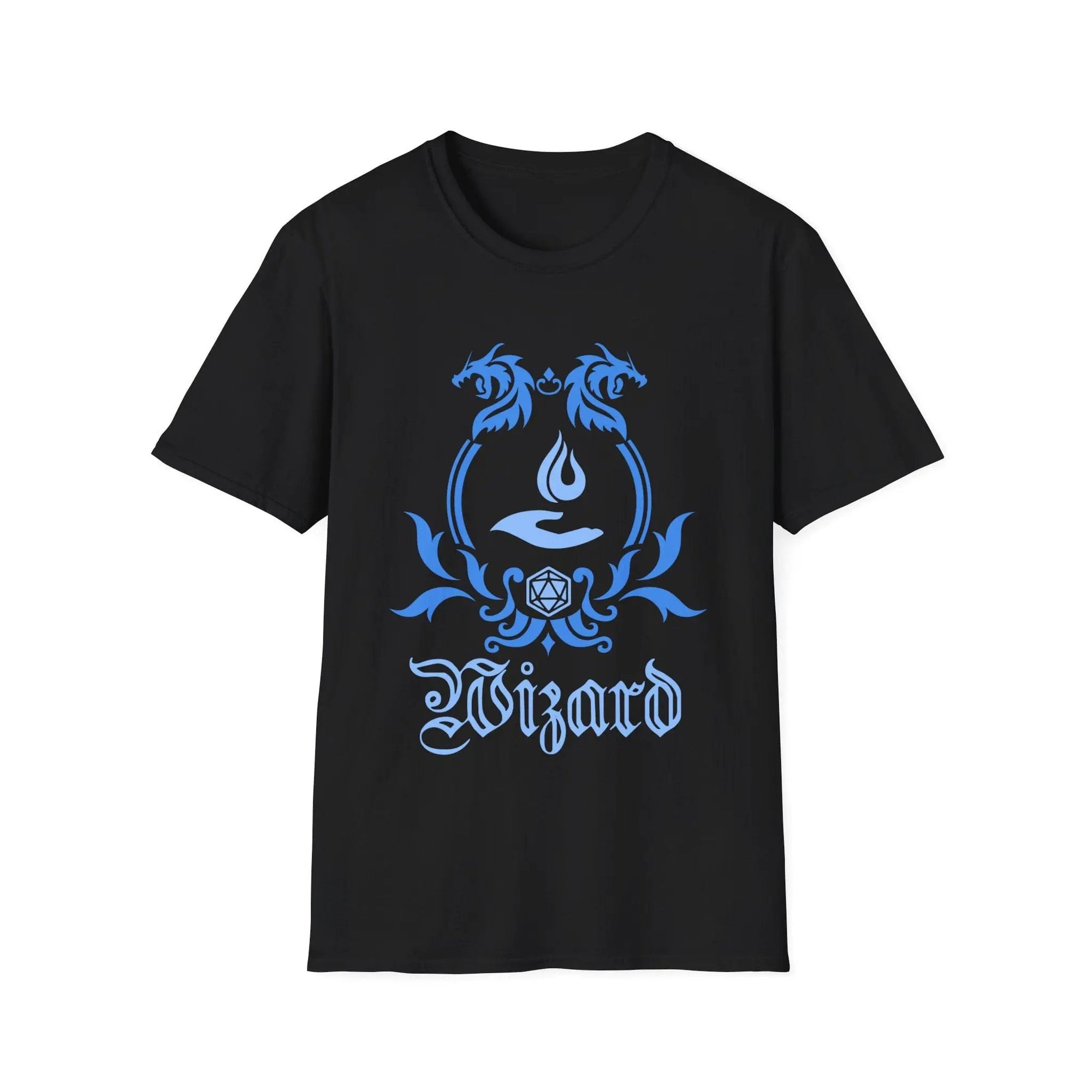 Black D&D Wizard Class emblem T-shirt by Sunburst RPG featuring a simple wizard icon on the front.