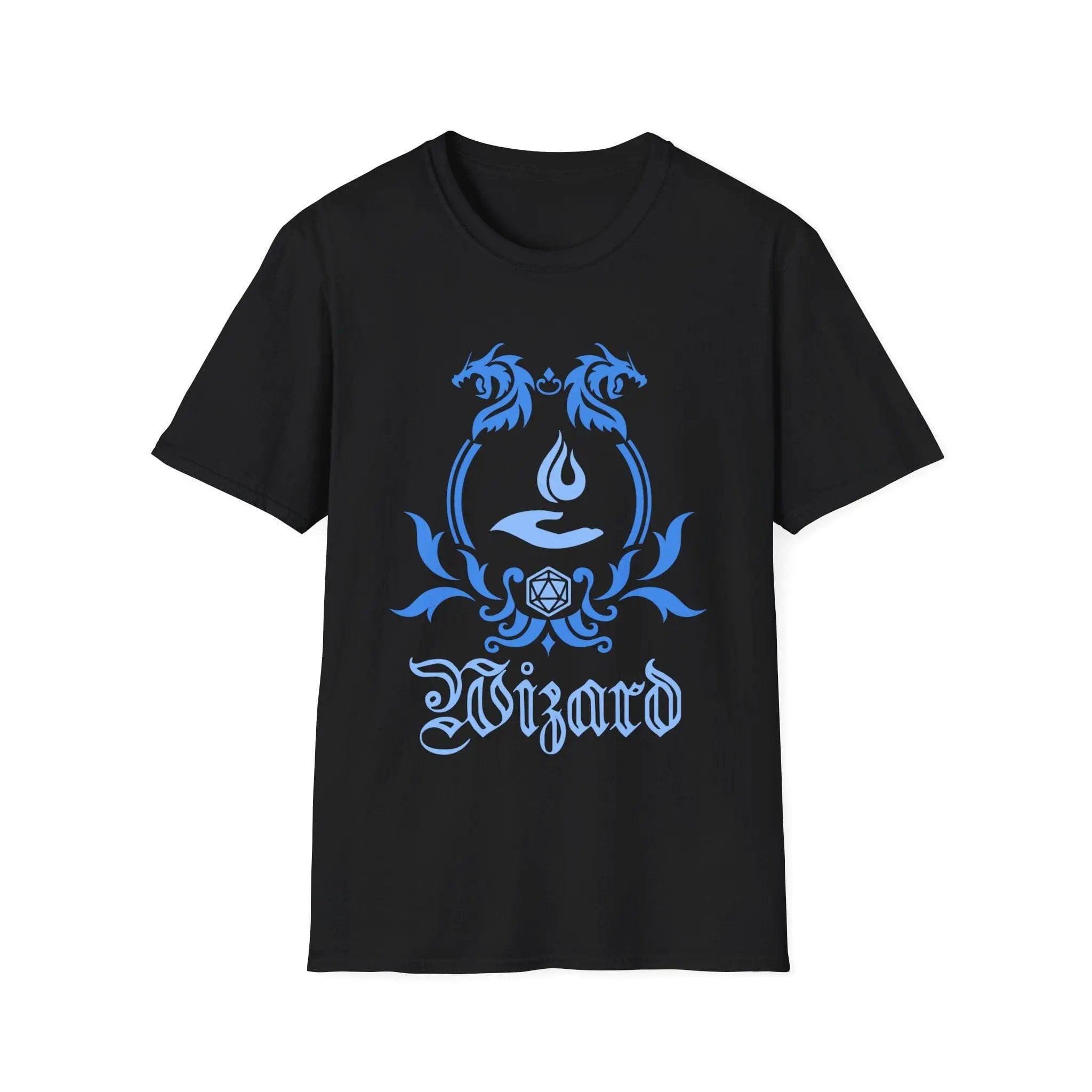 Black D&D Wizard Class emblem T-shirt by Sunburst RPG featuring a simple wizard icon on the front.