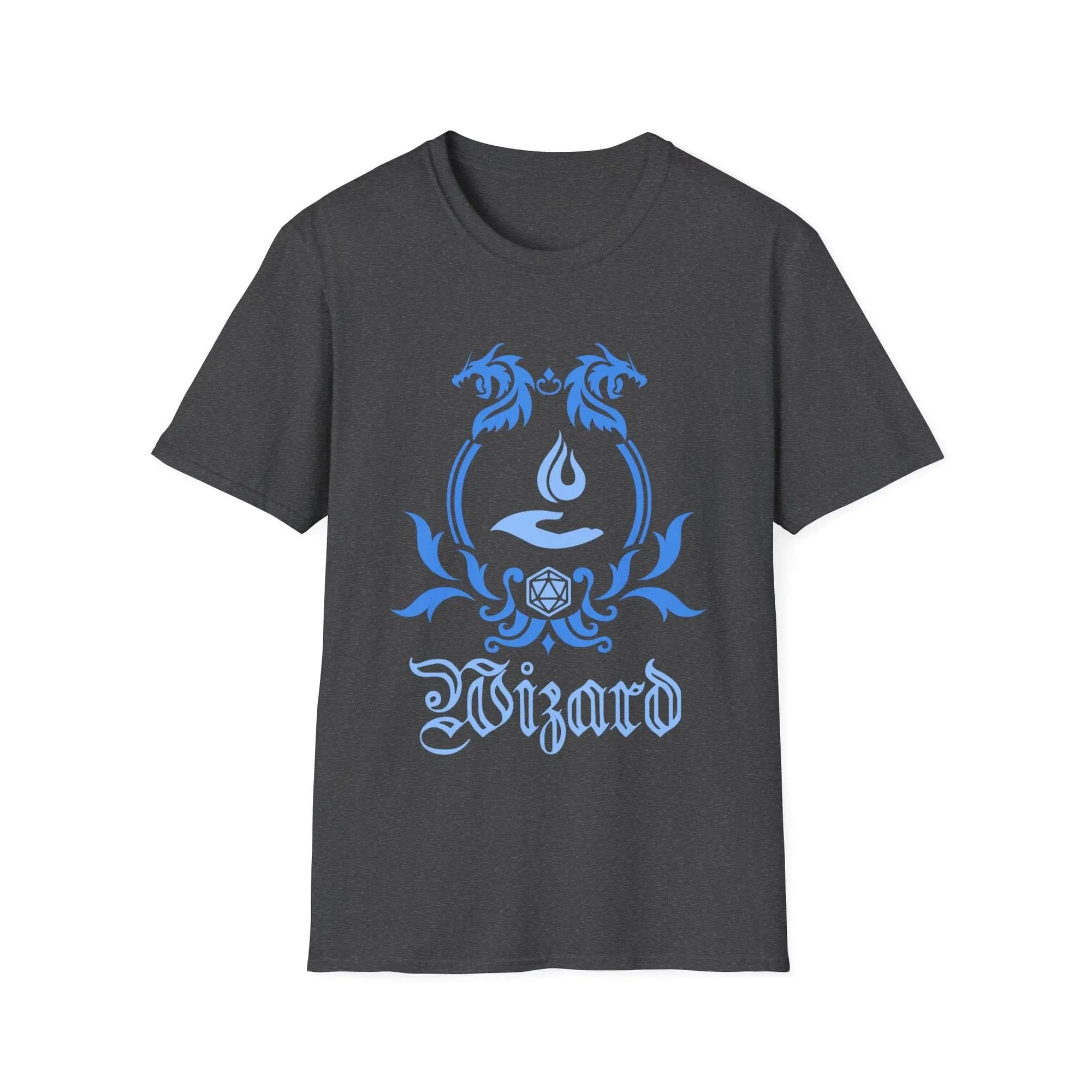 Dark heather D&D Wizard Class T-Shirt by Sunburst RPG featuring a simple emblem design on front.