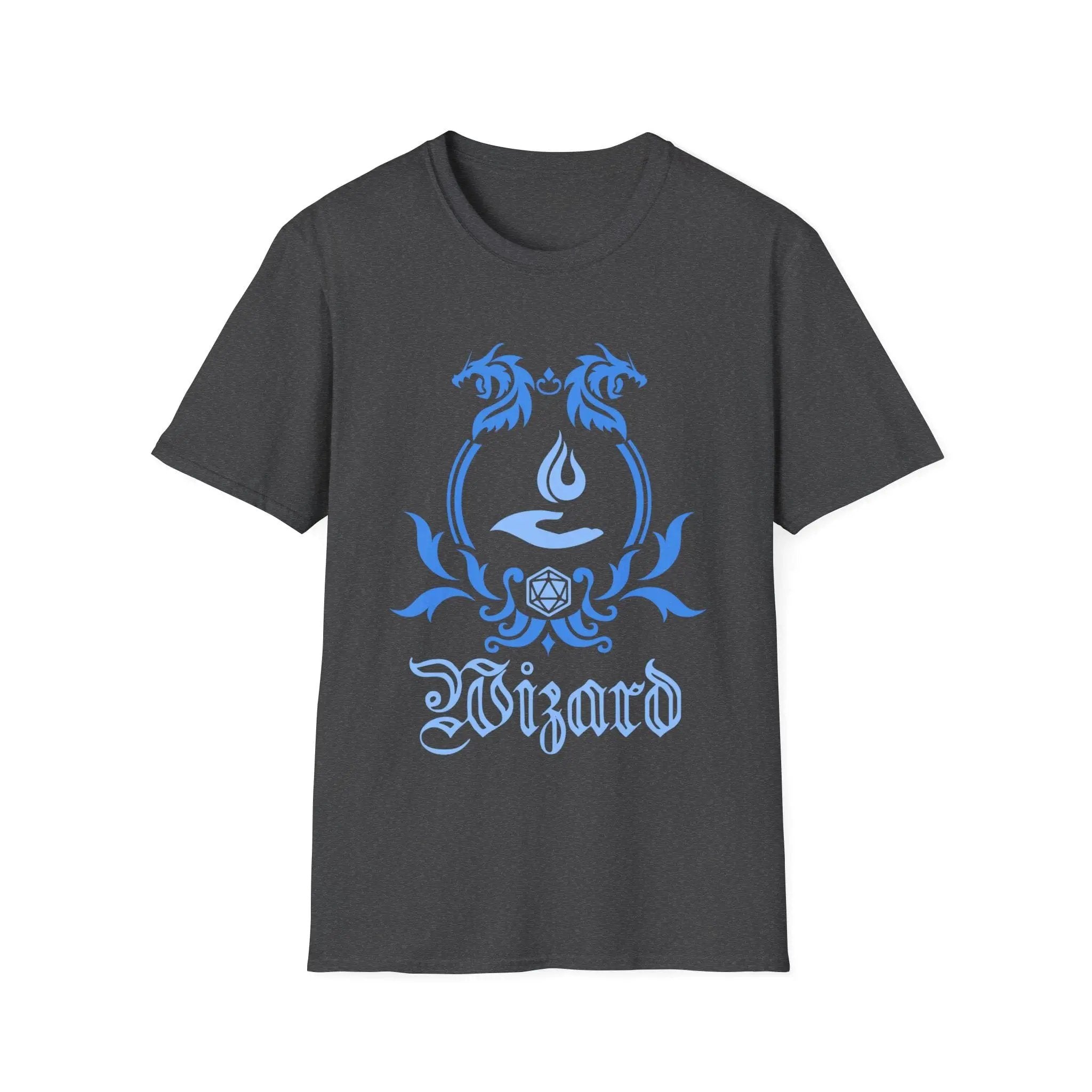 Dark heather D&D Wizard Class T-Shirt by Sunburst RPG featuring a simple emblem design on front.