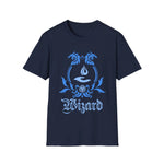Navy D&D Wizard Class emblem T-shirt by Sunburst RPG featuring a simple wizard symbol on the front.