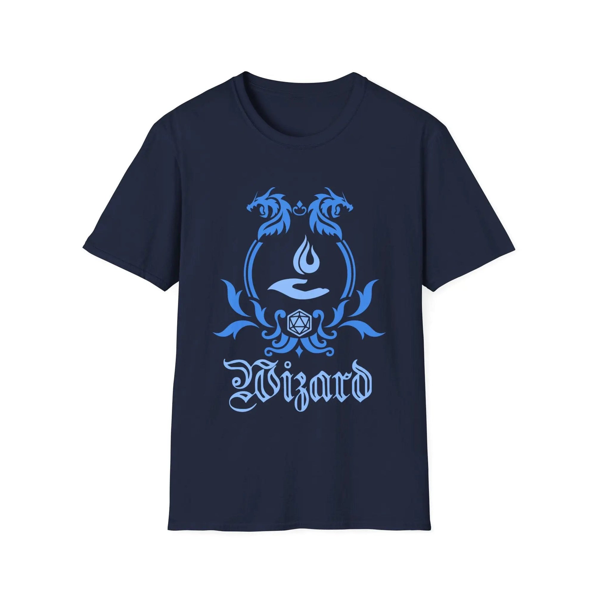 Navy D&D Wizard Class emblem T-shirt by Sunburst RPG featuring a simple wizard symbol on the front.