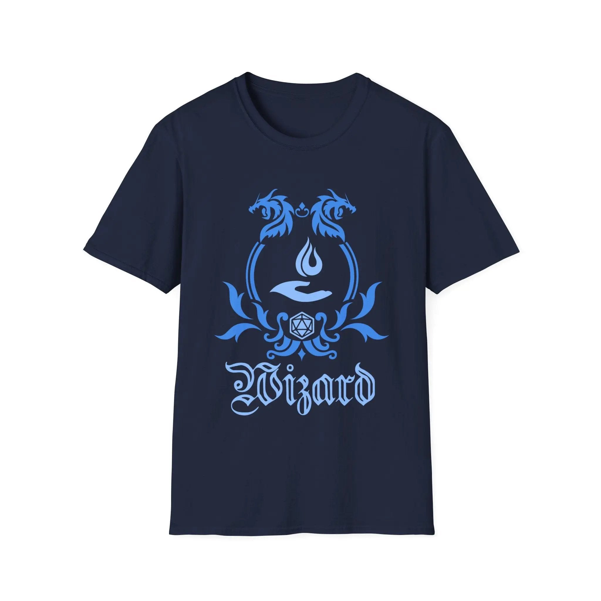 Navy D&D Wizard Class emblem T-shirt by Sunburst RPG featuring a simple wizard symbol on the front.