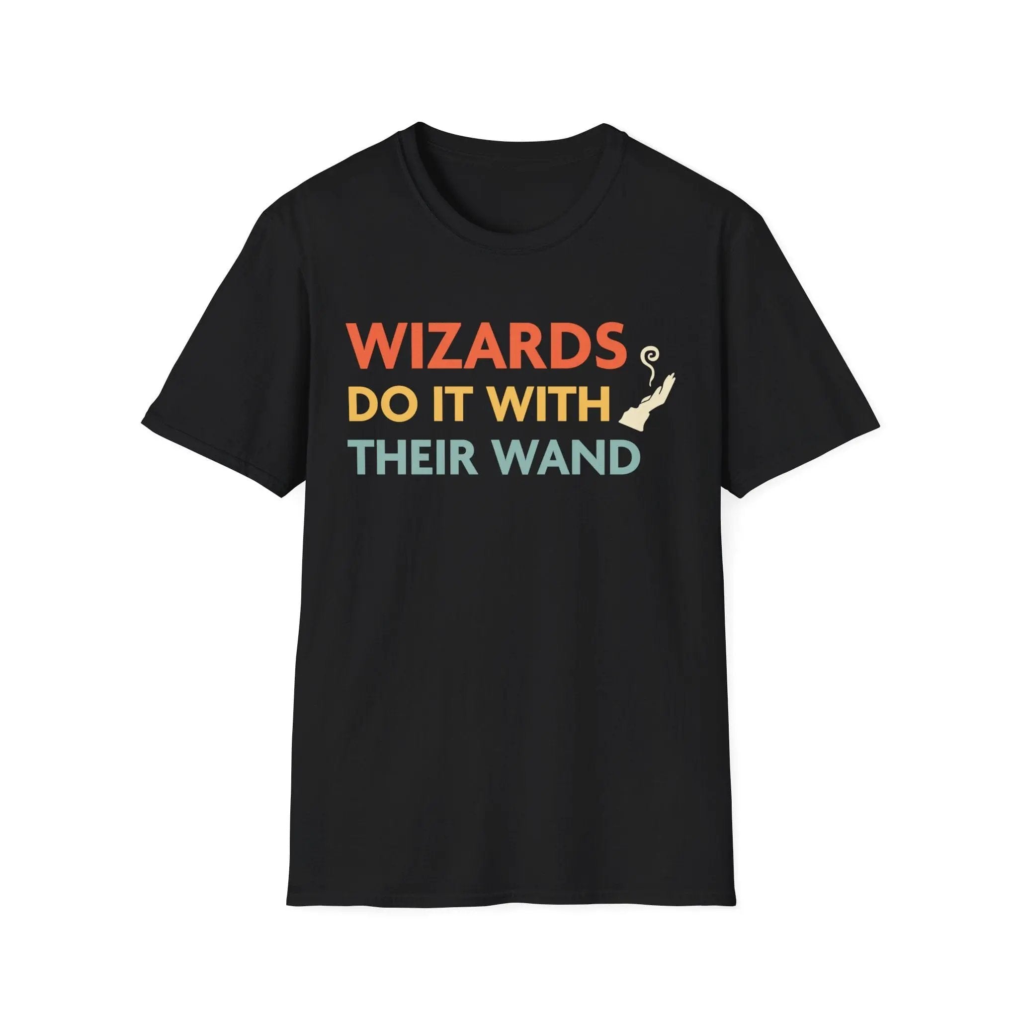 Black D&D Wizards Do It With Their Wand T-Shirt by Sunburst RPG, featuring a wizard-themed graphic on the front.