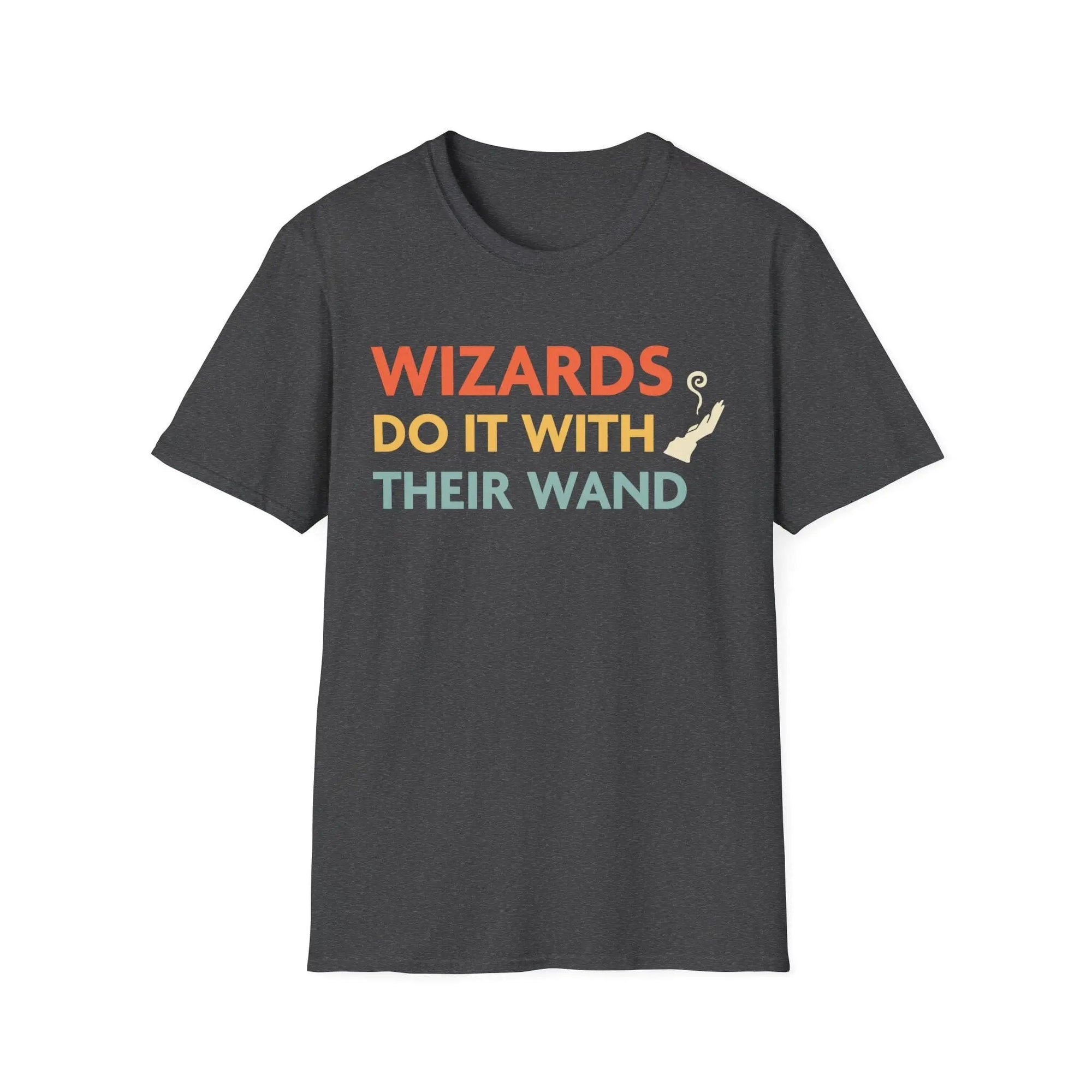 Dark heather D&D Wizards Do It With Their Wand T-shirt by Sunburst RPG, featuring a fantasy-themed graphic on the front.