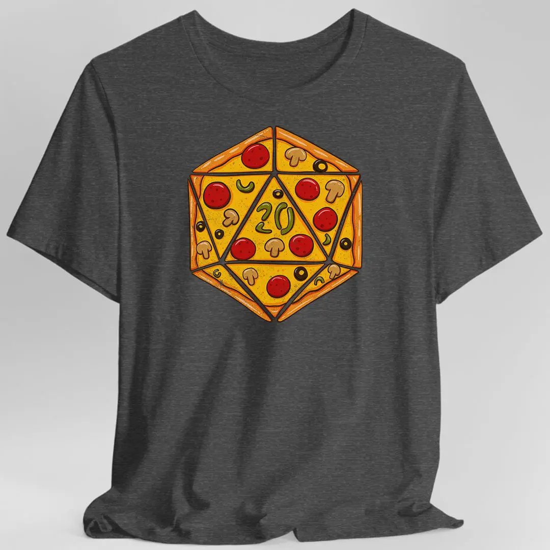 Dark heather D20 Pizza T-Shirt by Sunburst RPG featuring a playful pizza and D20 dice graphic on the front.