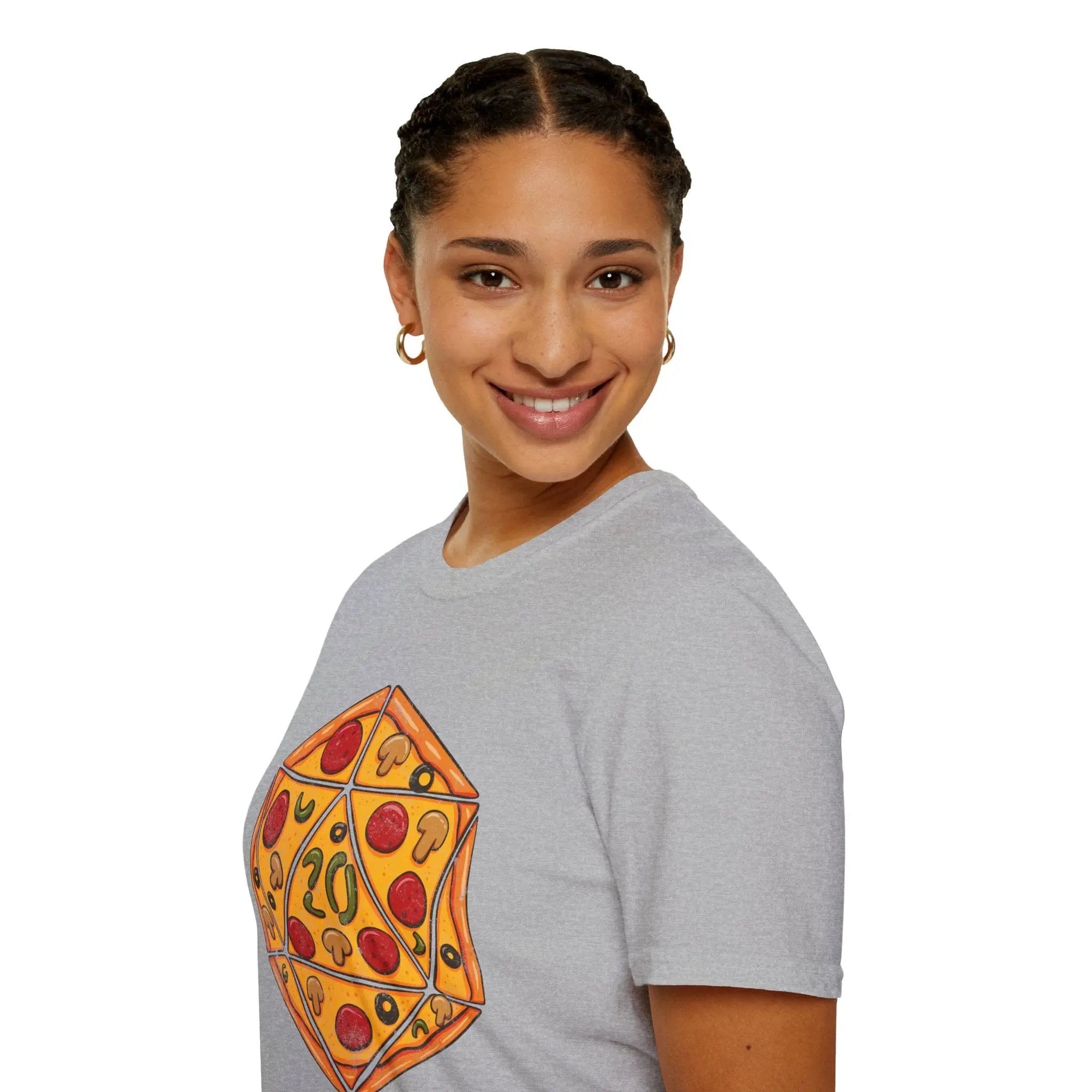 Sunburst RPG D20 Pizza T-Shirt featuring a fun pizza and D20 dice graphic on a casual T-shirt design.