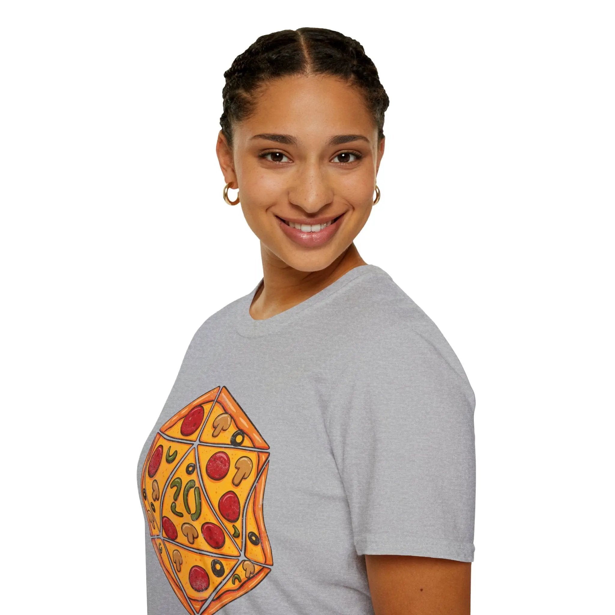 Sunburst RPG D20 Pizza T-Shirt featuring a fun pizza and D20 dice graphic on a casual T-shirt design.