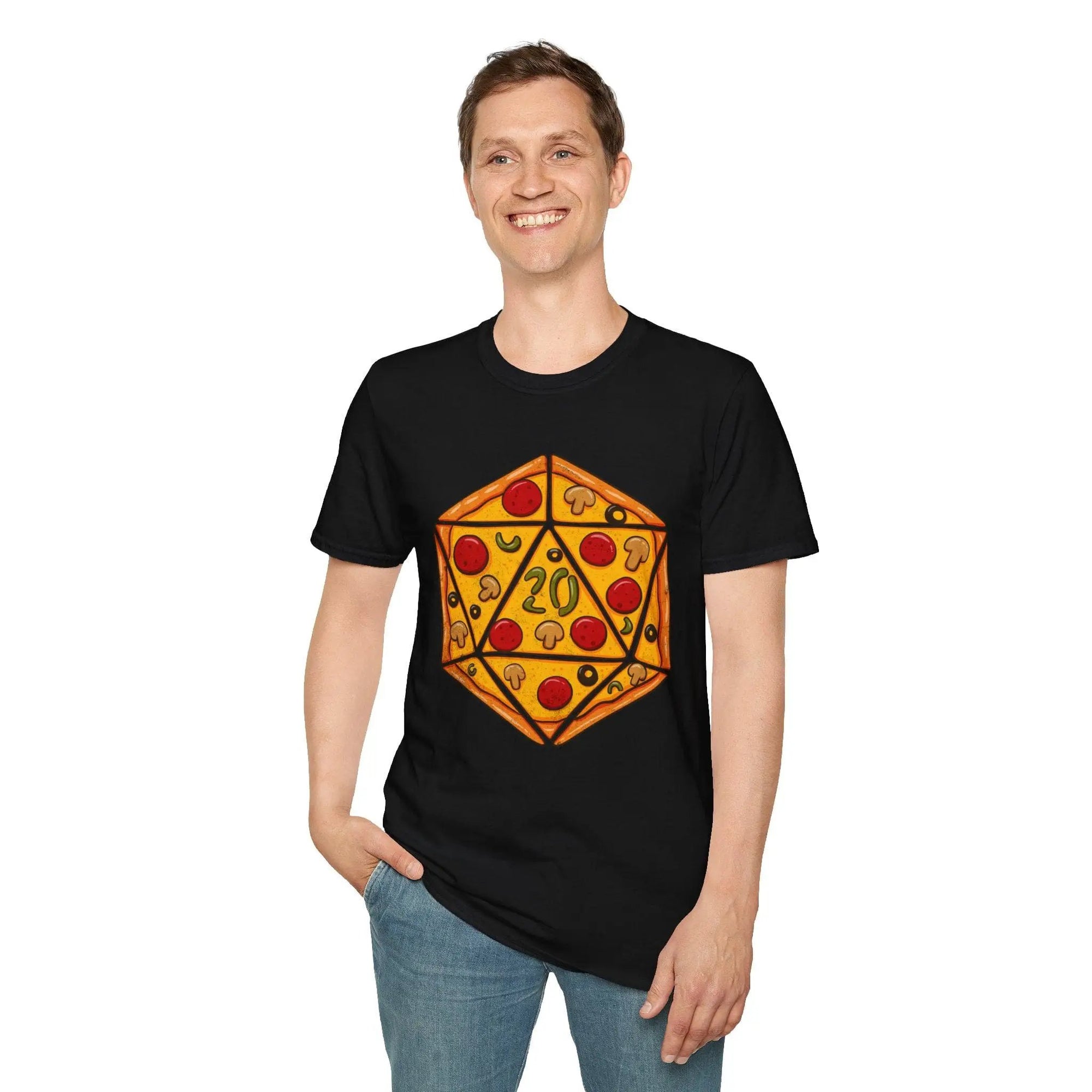Sunburst RPG D20 Pizza T-Shirt featuring a playful pizza and D20 design, perfect for tabletop gaming fans.