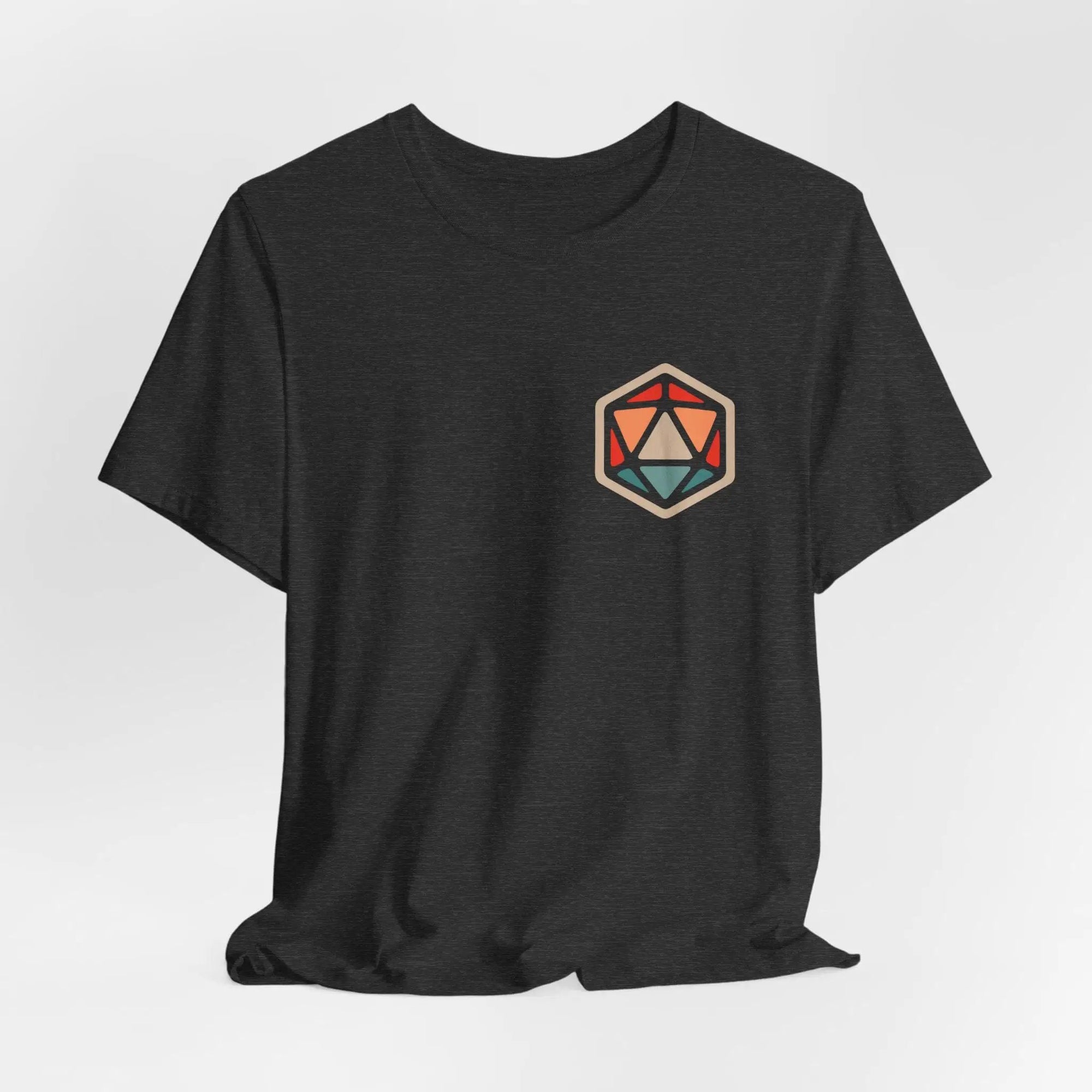 Dark heather D20 T-shirt from Sunburst RPG featuring a bold, printed d20 dice design on the front.