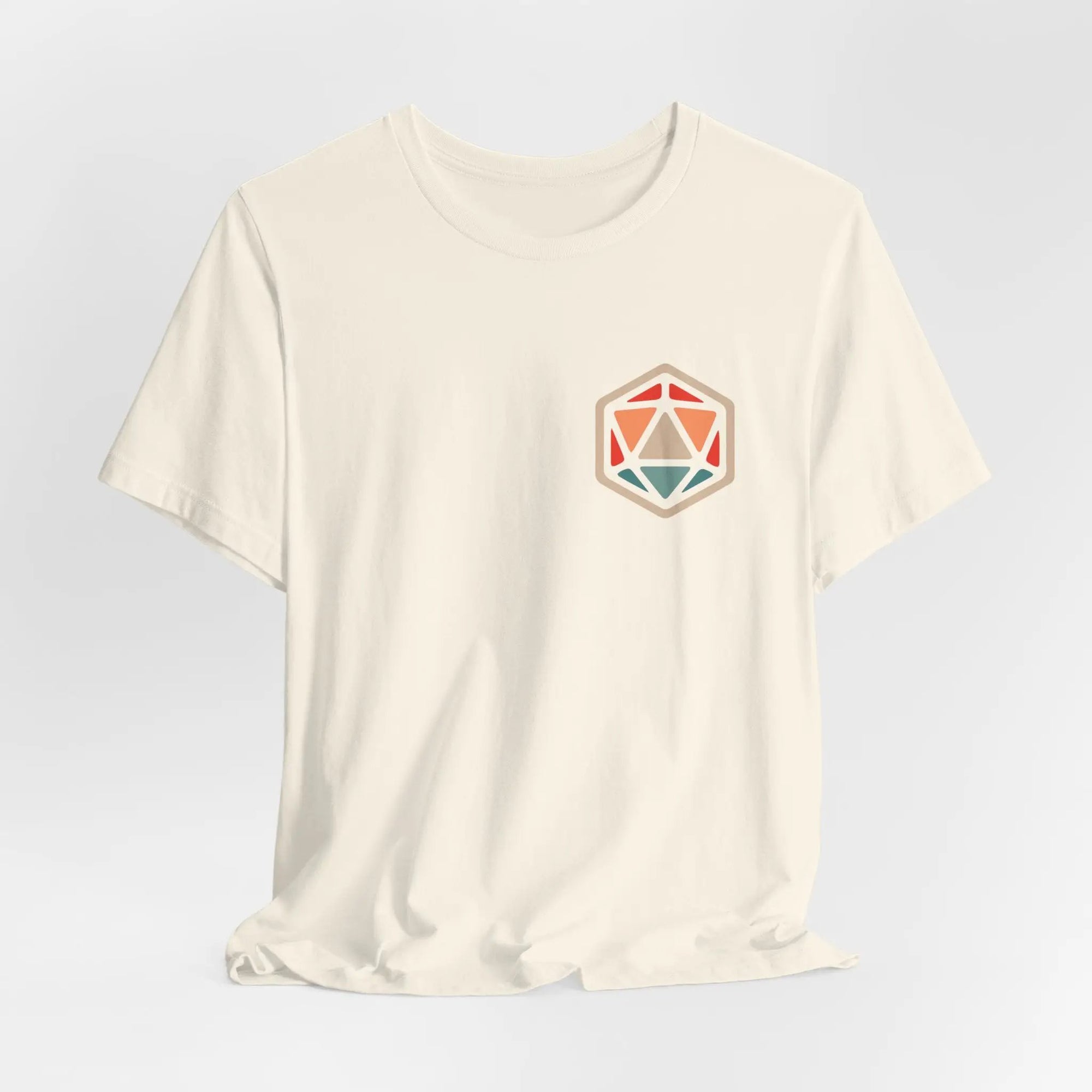 Sunburst RPG D20 T-shirt featuring a large printed D20 die graphic on a natural-colored cotton T-shirt.