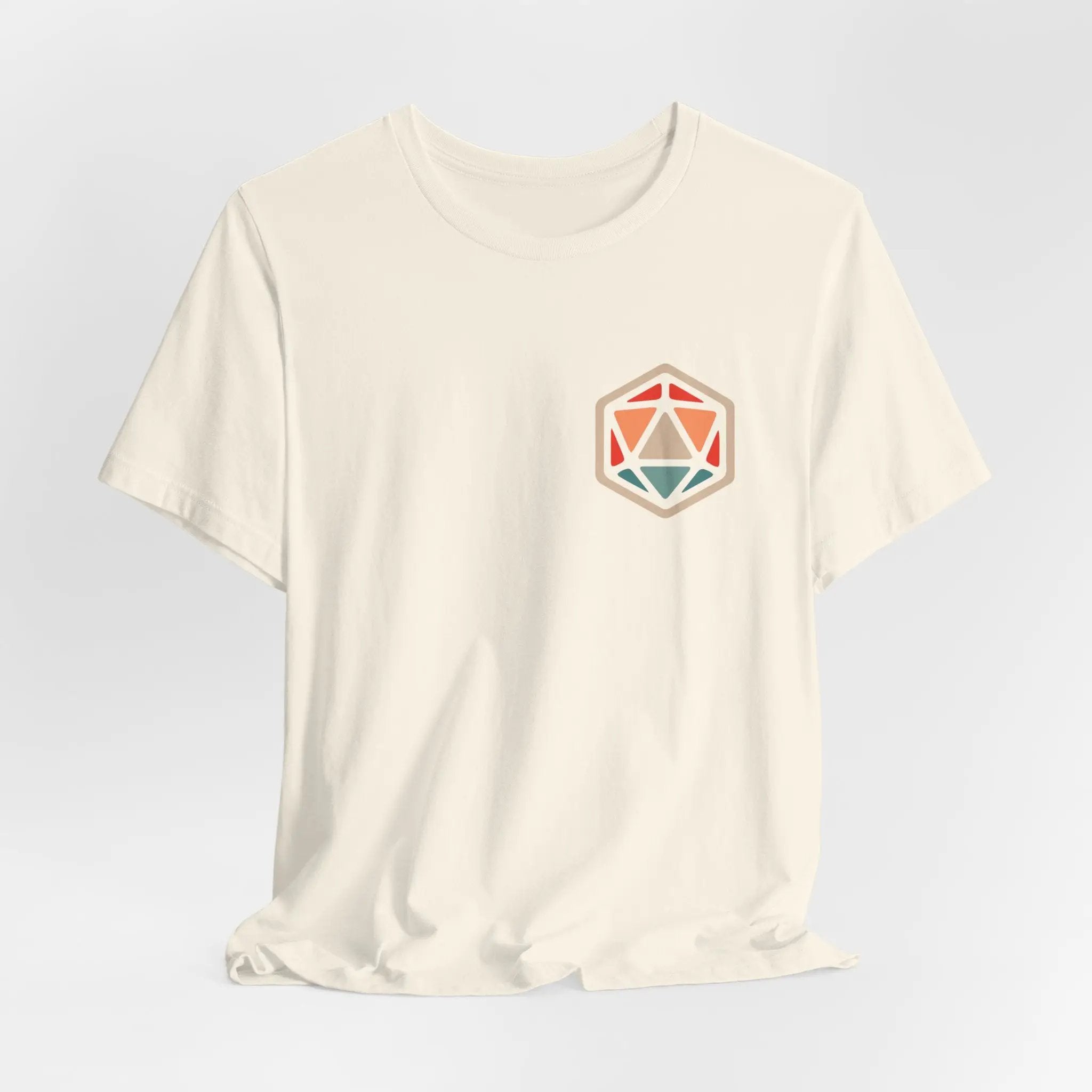 Sunburst RPG D20 T-shirt featuring a large printed D20 die graphic on a natural-colored cotton T-shirt.