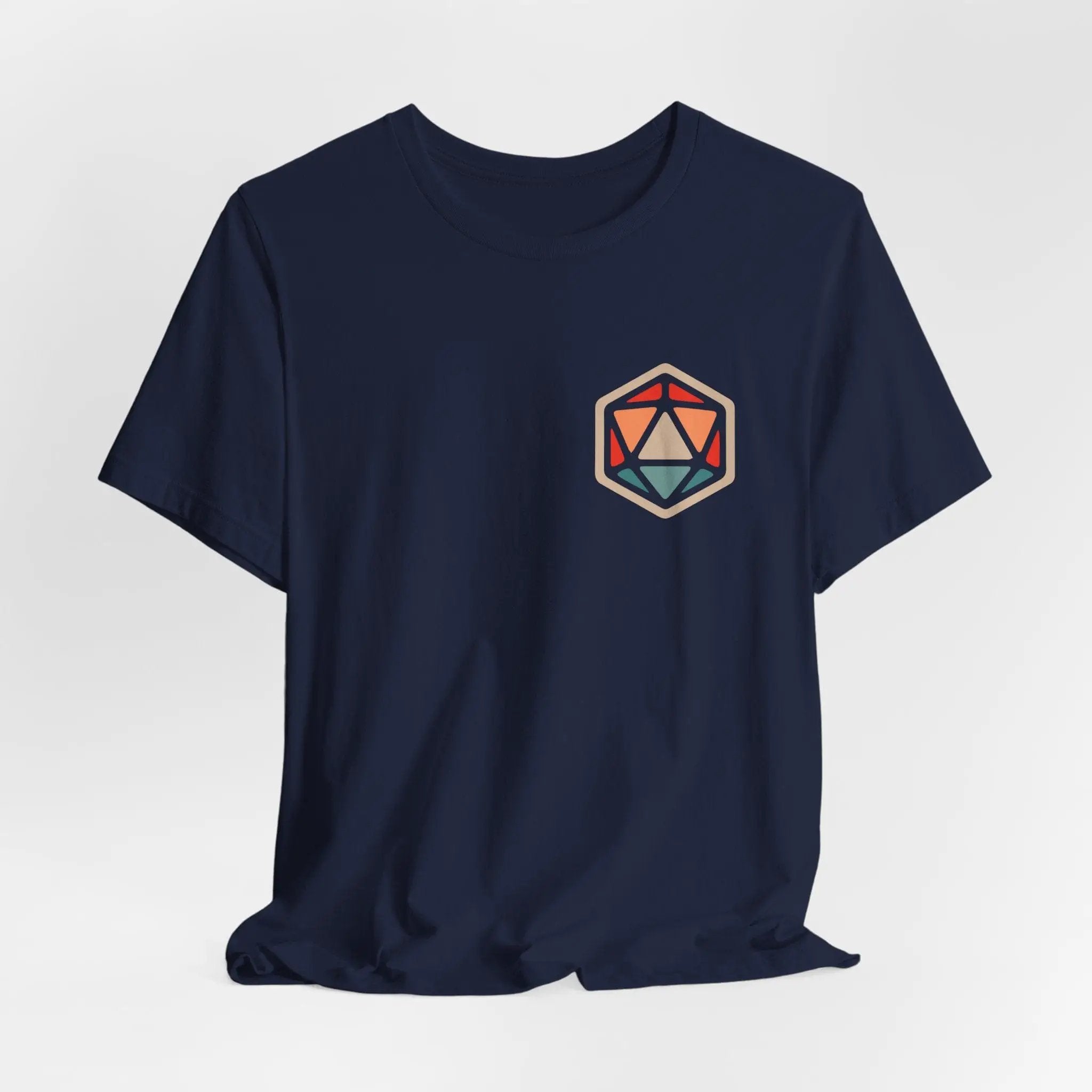 Navy D20 T-shirt by Sunburst RPG featuring a large white d20 dice graphic on the front, casual fit and soft fabric.
