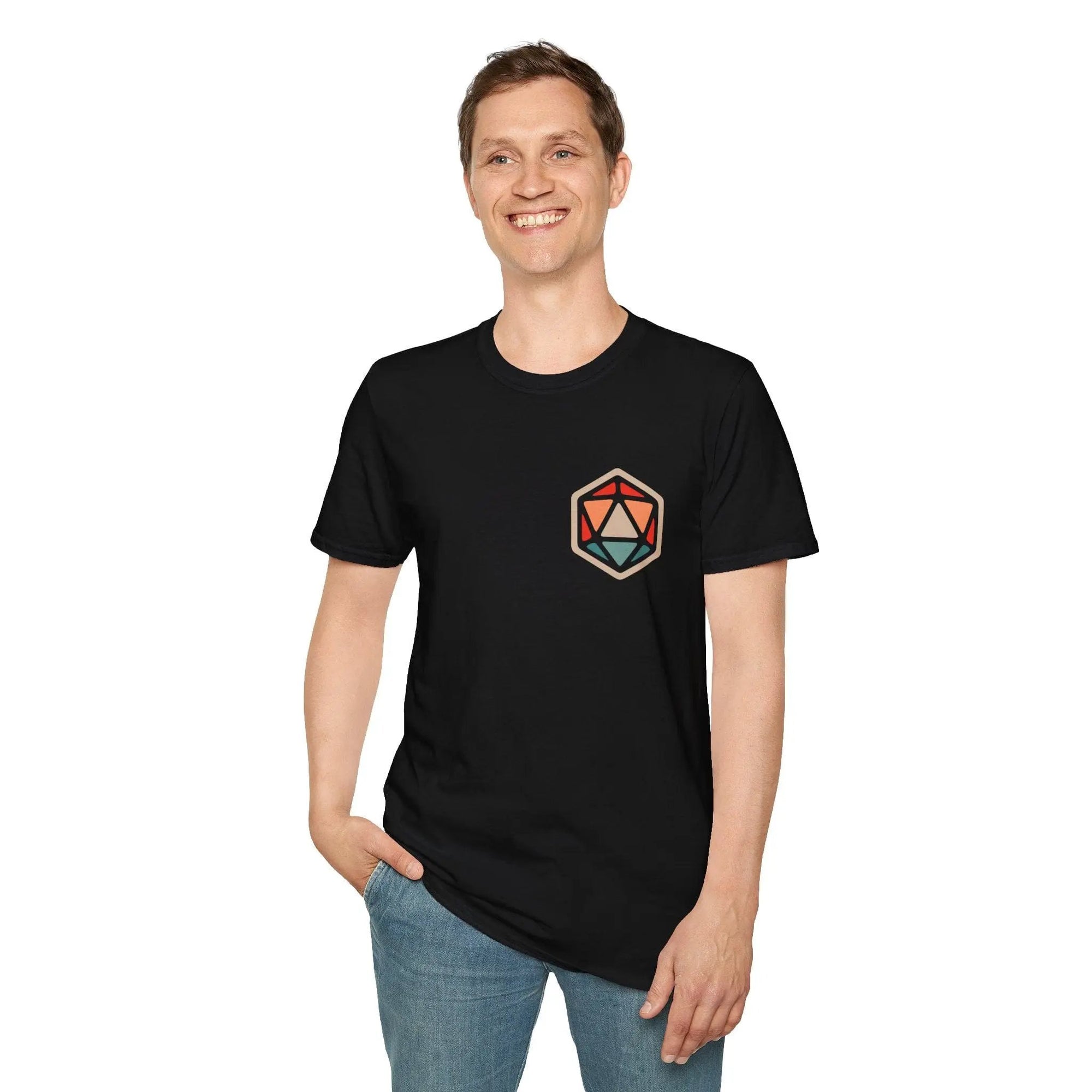 Sunburst RPG D20 T-shirt featuring a bold D20 dice graphic on a casual black T-shirt for tabletop gaming fans.