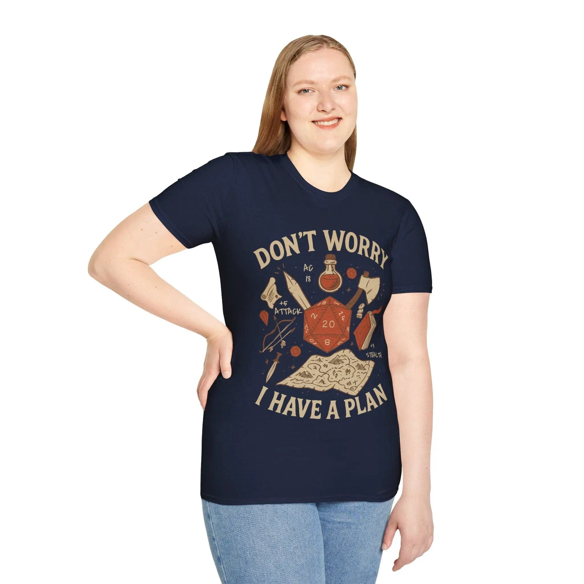 Sunburst RPG Don't Worry I Have a Plan D&D T-Shirt featuring bold text and classic Dungeons & Dragons design on soft fabric.