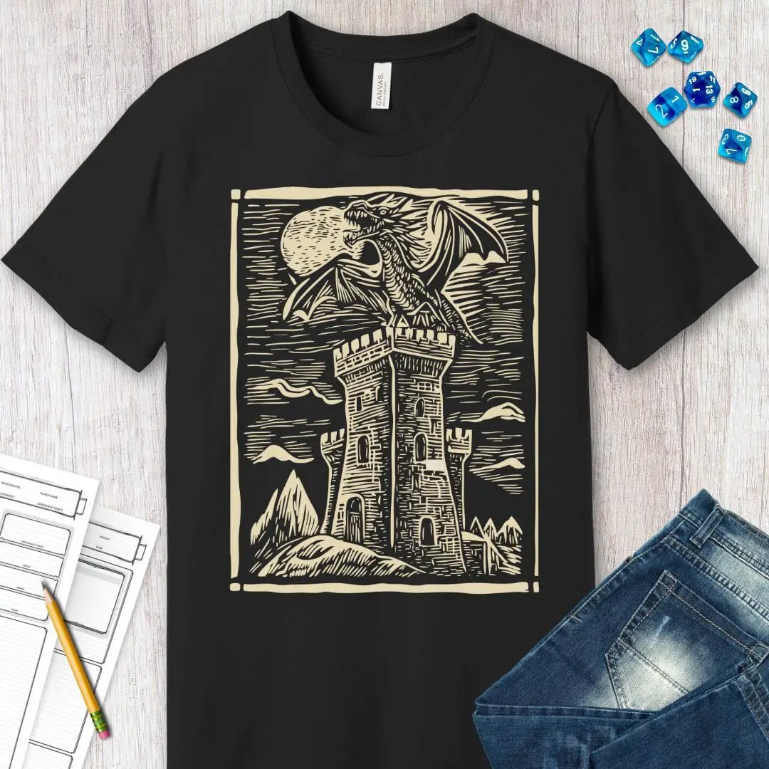 Vintage medieval art dragon t-shirt by Sunburst RPG featuring detailed dragon illustration on a classic design.