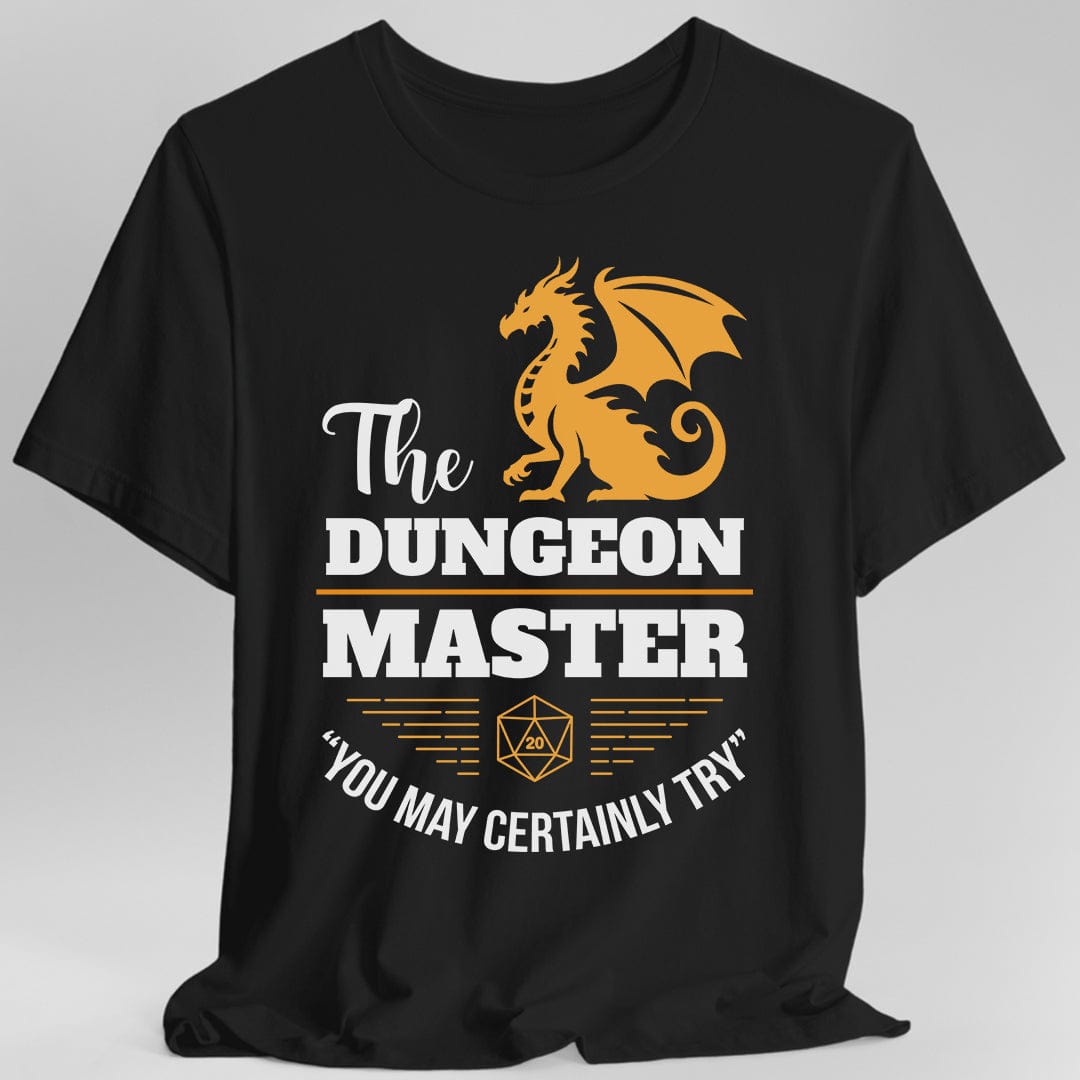 Black Dungeon Master T-Shirt by Sunburst RPG featuring a detailed dungeon-themed graphic on the front.