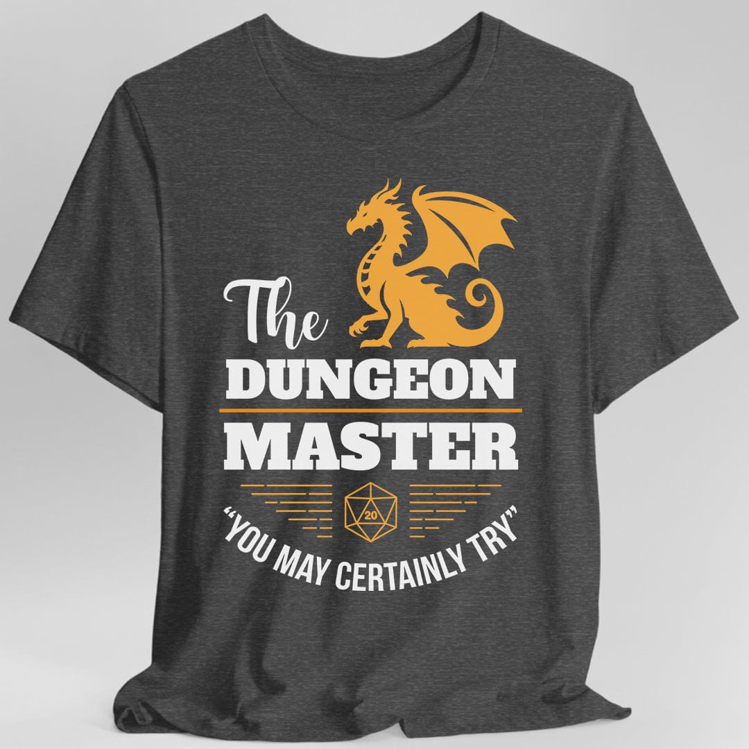 Dark heather Dungeon Master T-Shirt by Sunburst RPG, featuring a detailed fantasy-themed design for role-playing game fans.