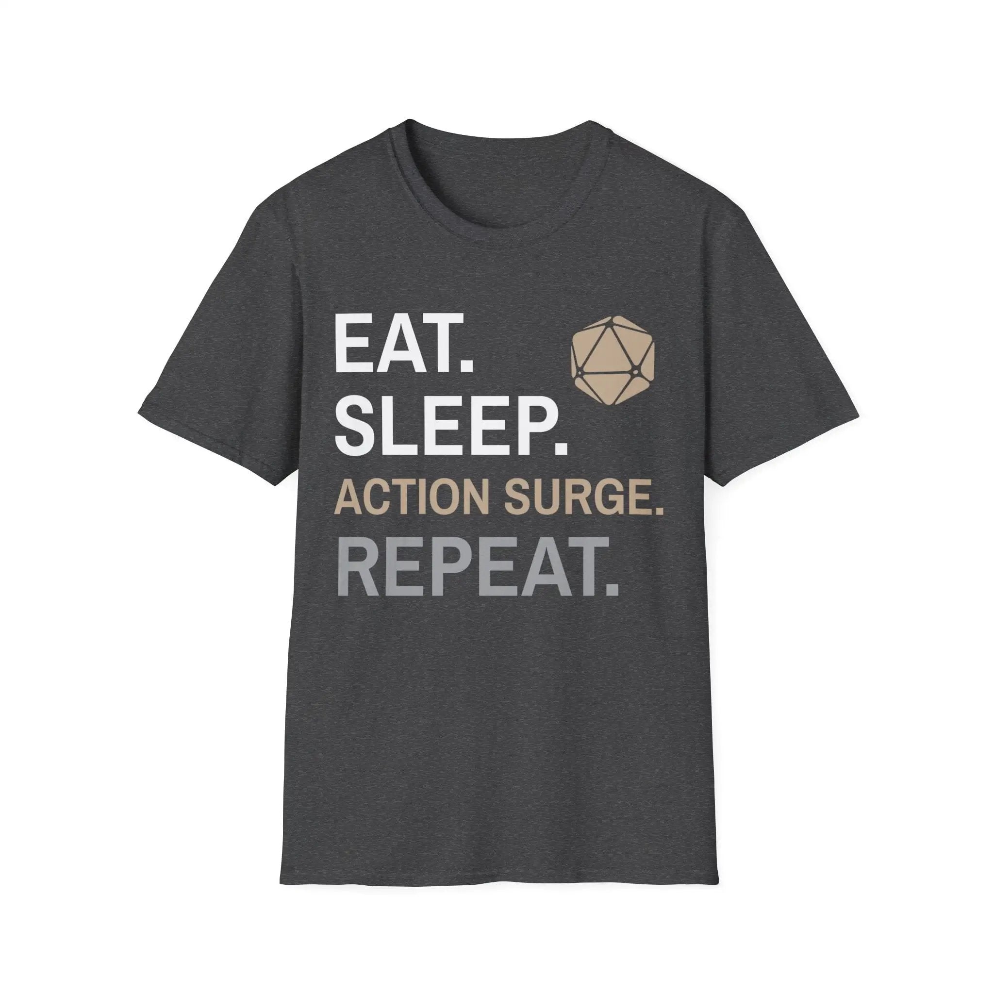 Dark heather fighter class T-shirt by Sunburst RPG with "Eat, Sleep, Action Surge, Repeat" text, casual fit, front view.