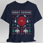 Navy Merry Critmas Ugly Sweater T-Shirt by Sunburst RPG featuring festive holiday design and humorous Critmas theme.