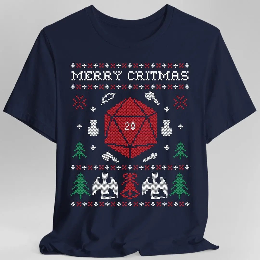 Navy Merry Critmas Ugly Sweater T-Shirt by Sunburst RPG featuring festive holiday design and humorous Critmas theme.