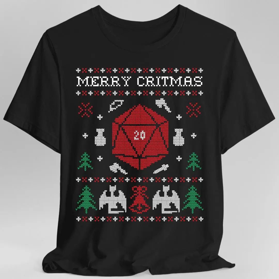 Black Sunburst RPG Merry Critmas Ugly Sweater T-shirt featuring festive holiday design and humorous gamer-themed graphics.