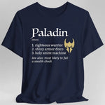 Navy D&D Paladin Class Definition T-Shirt by Sunburst RPG, featuring detailed text and design showcasing the Paladin class.