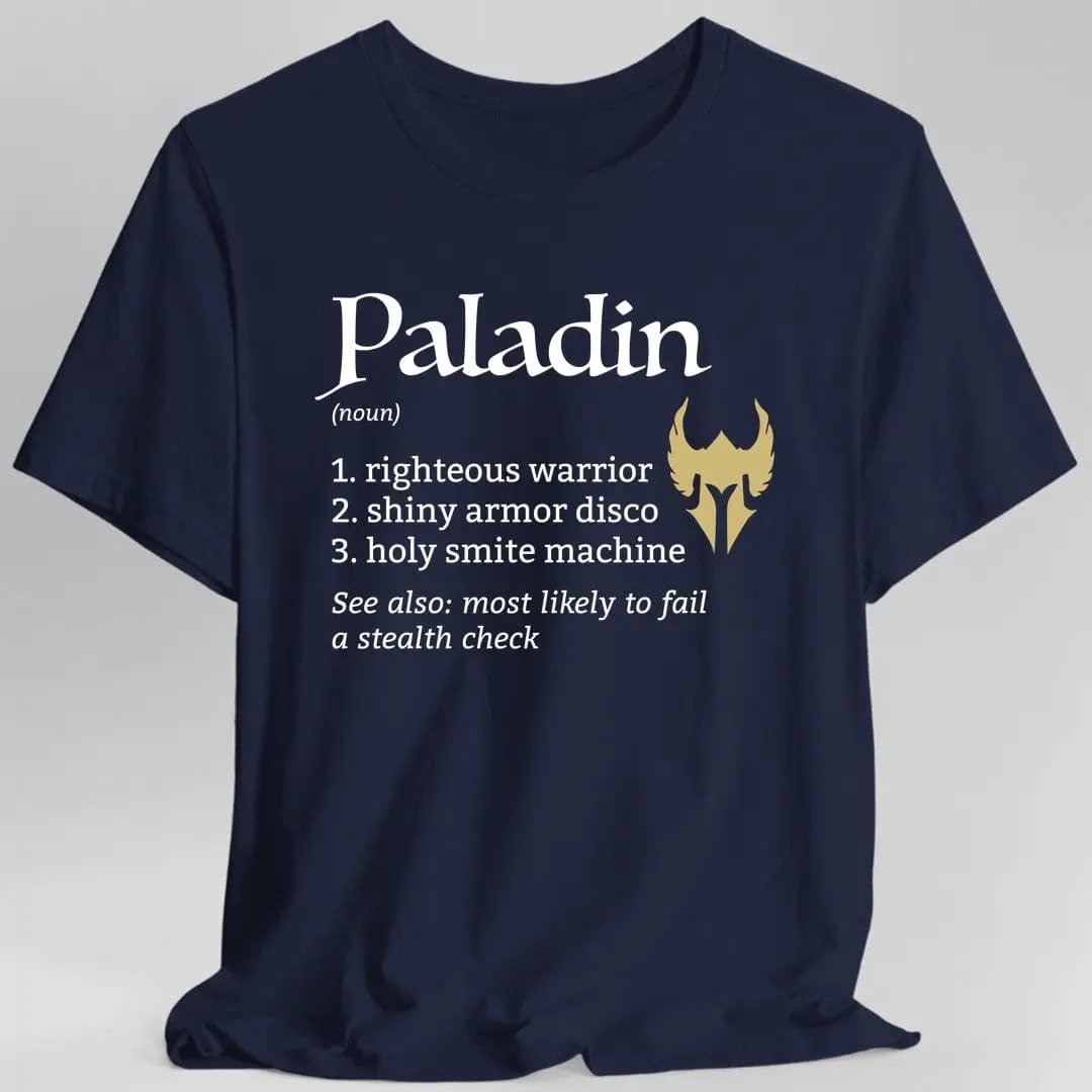 Navy D&D Paladin Class Definition T-Shirt by Sunburst RPG, featuring detailed text and design showcasing the Paladin class.