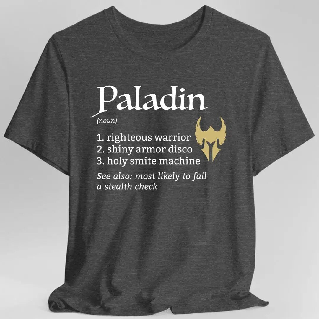 Dark heather Paladin Class Definition D&D T-Shirt by Sunburst RPG featuring detailed Paladin class text and design.