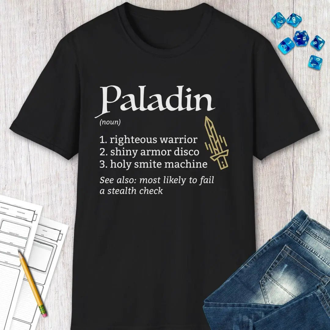 Sunburst RPG Paladin Class Definition T-Shirt featuring a detailed illustration of a Paladin in armor on a black fabric background.