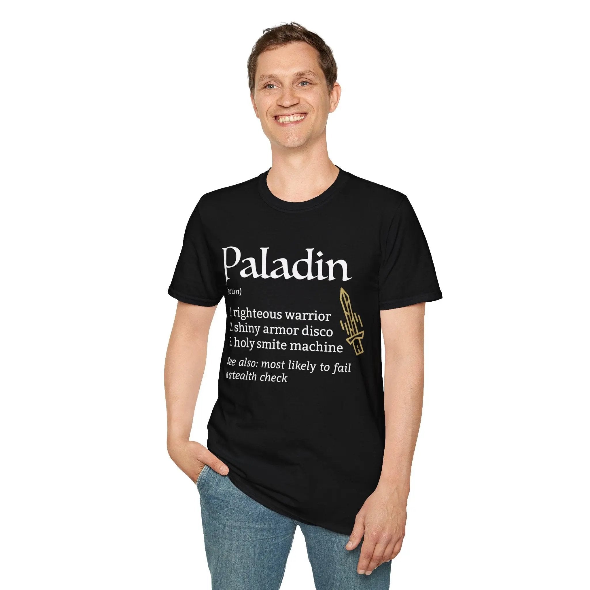 Sunburst RPG Paladin Class Definition D&D T-Shirt featuring bold text and design on a comfortable fabric shirt.