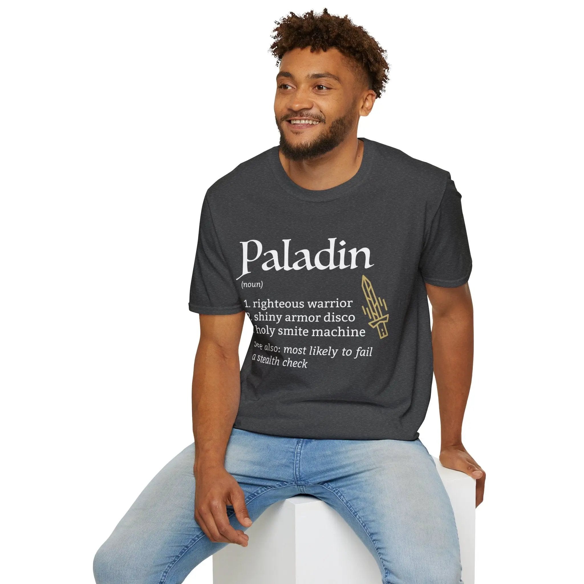 Sunburst RPG Paladin Class Definition D&D T-Shirt featuring bold printed text on a comfortable cotton fabric.