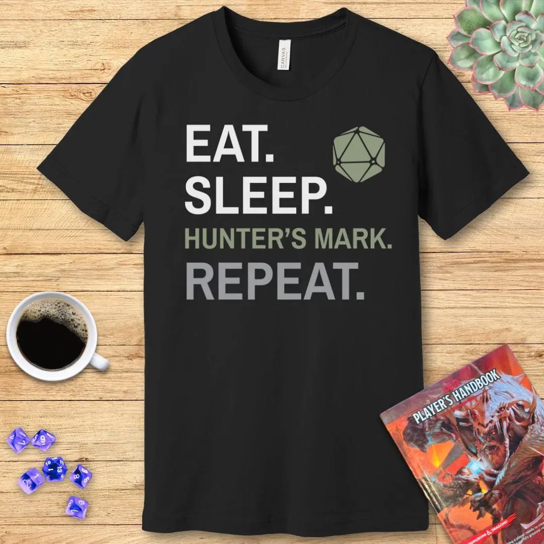 Sunburst RPG Ranger Class T-Shirt featuring "Eat, Sleep, Hunter's Mark, Repeat" slogan on a casual fabric tee.