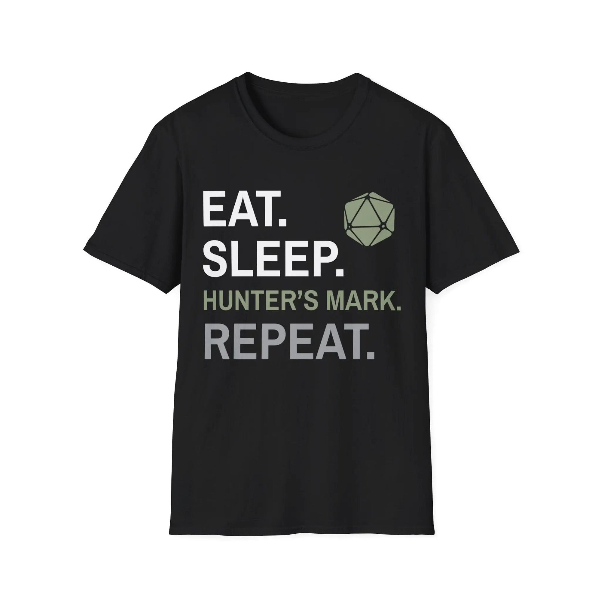Black Ranger Class T-Shirt by Sunburst RPG featuring "Eat, Sleep, Hunter's Mark, Repeat" printed design.